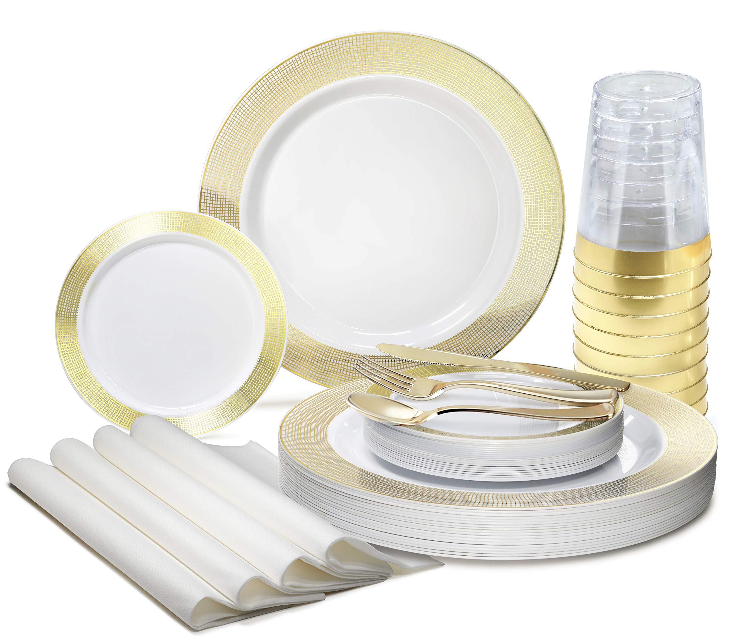 840-Piece Heavyweight Disposable Plastic Plate Set for Weddings & Parties - Includes 120 x 10.5'' Dinner Plates, 120 x 6.25'' Dessert Plates, Gold Silverware, Cups & Linen White & Gold Napkins - Elegant Tableware for 120 Guests - Perfect for Wedding Receptions, Bridal Showers, Banquets & Special Events