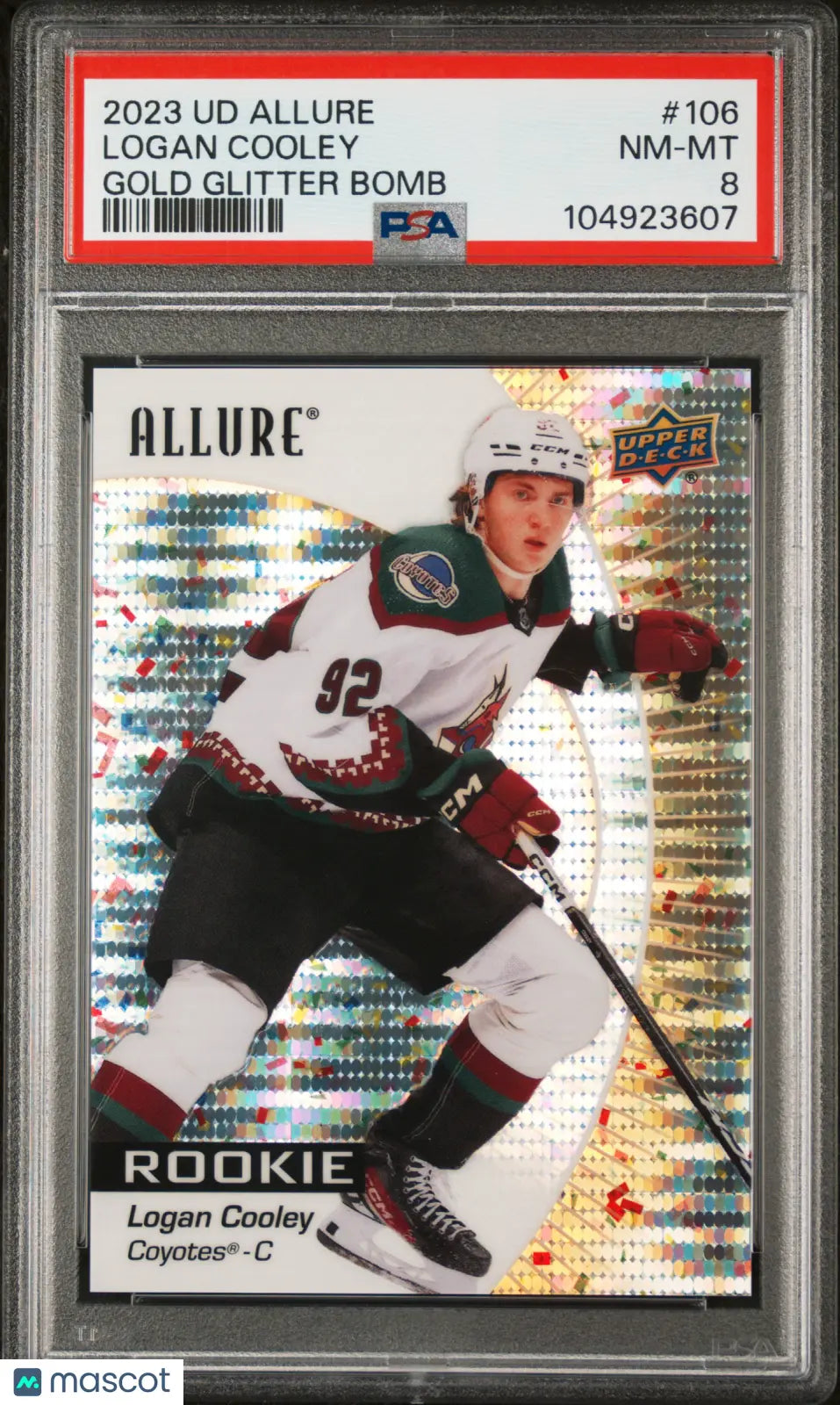 2023-24 Upper Deck Allure Logan Cooley Rookie Gold Glitter Bomb PSA 8 /199 - Rare Hockey Trading Card for Collectors & Sports Fans, Perfect for Display, Investment & Gifting