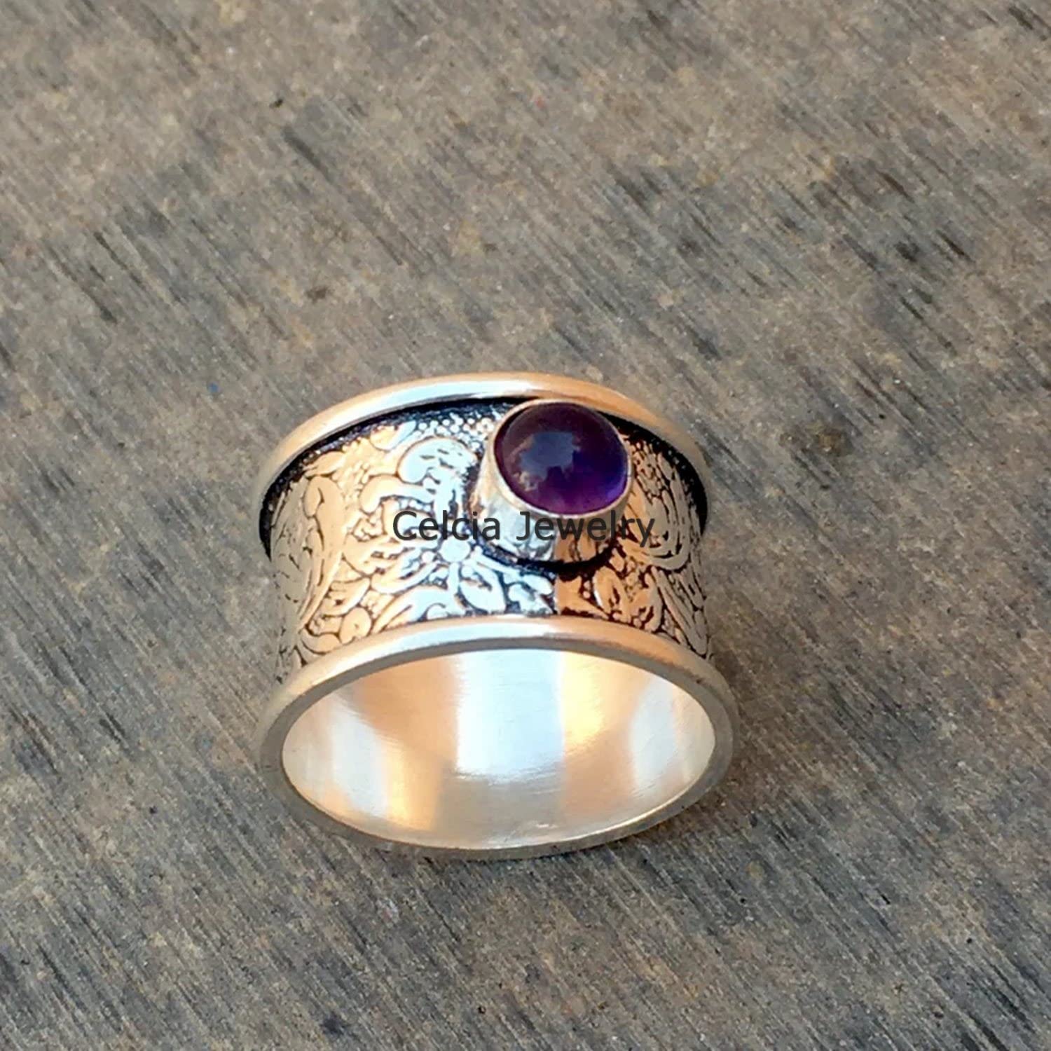 Genuine Amethyst Cabochon Round Spinning Ring - Anxiety Relief Fidget Ring, Worry Silver Spinner Ring for Meditation, February Birthstone Jewelry, Mothers Day Gift (US Size 7) - Perfect for Stress Relief, Focus & Mindfulness Practice