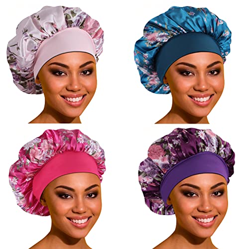 Satin Bonnet for Sleeping - 4 Pack Large Silk Hair Bonnets for Women with Elastic Soft Band - Hair Protection for Curly, Natural & Braided Hair - Perfect for Nighttime Hair Care & Styling
