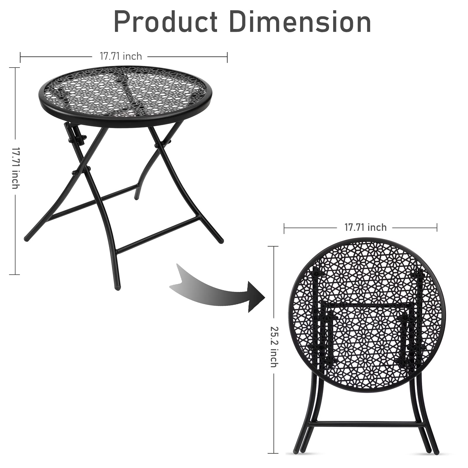 TeoKJ Folding Outdoor Side Table - Rust-Resistant Round Metal Patio Table with Floral Cutouts for Porch, Yard, Balcony, Deck & Lawn - Perfect for Outdoor Dining, BBQ Parties & Relaxing in Black