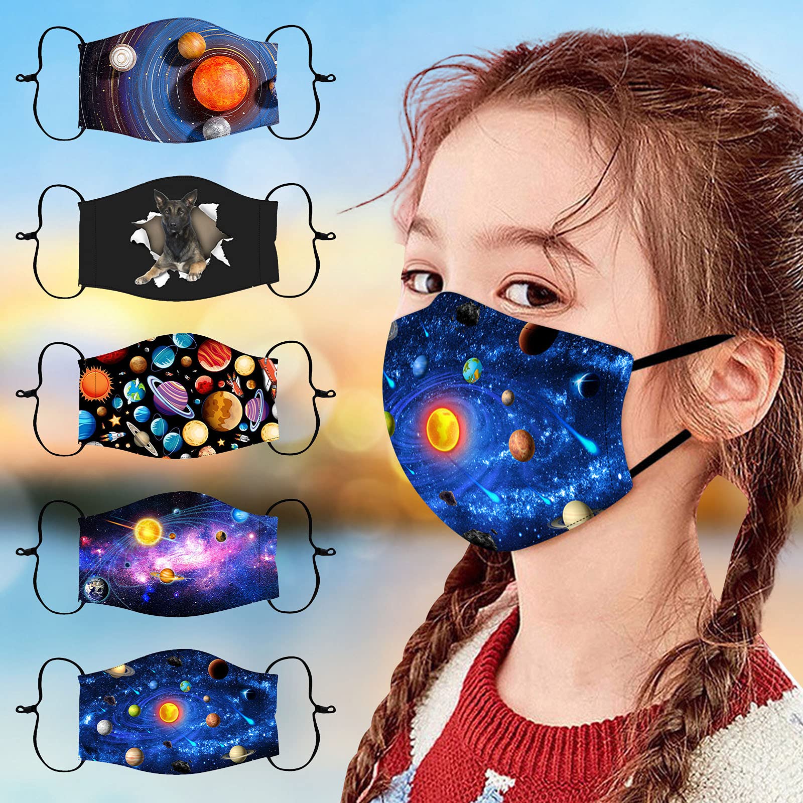 Reusable Kids Cloth Face Mask - Washable, Breathable & Soft Cotton Children's Mask with Adjustable Ear Loops | Solar System Print Design for Boys & Girls | Perfect for School, Travel & Outdoor Activities
