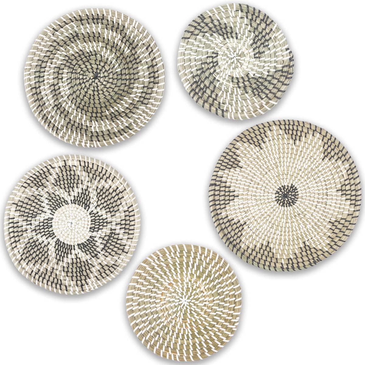 Set of 5 Handmade Rattan Hanging Wall Baskets - Boho Woven Seagrass Wall Decor for Living Room & Bedroom - Unique Natural Fiber Wall Art for Home Decor, Storage, and Cozy Interior Design