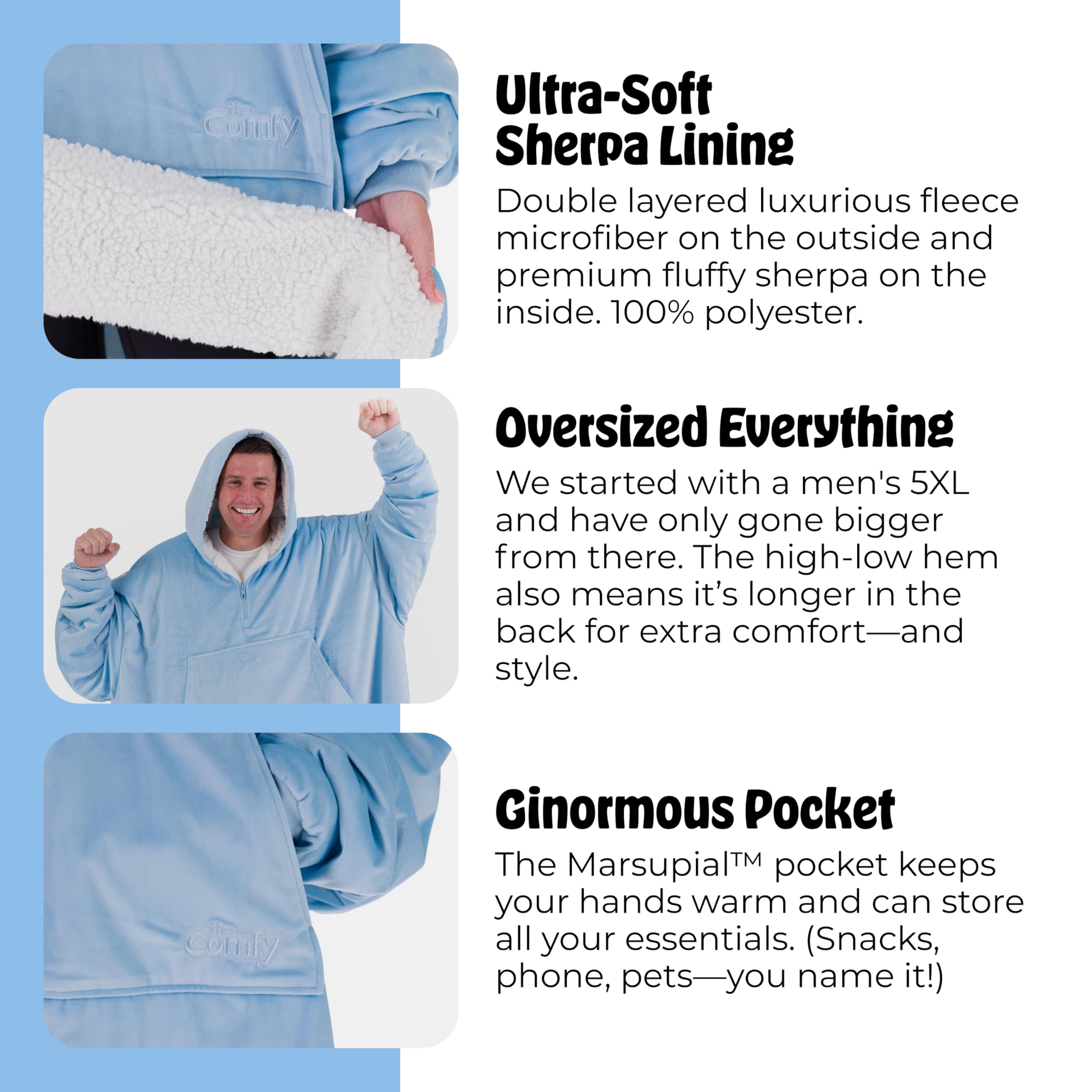 The COMFY Original Quarter-Zip Wearable Blanket - Extra Long Sherpa-Lined Microfiber Fleece with Hood & Pocket | Oversized Unisex Design for Women & Men | Shark Tank Featured | Perfect for Lounging, Movie Nights & Cold Weather Comfort