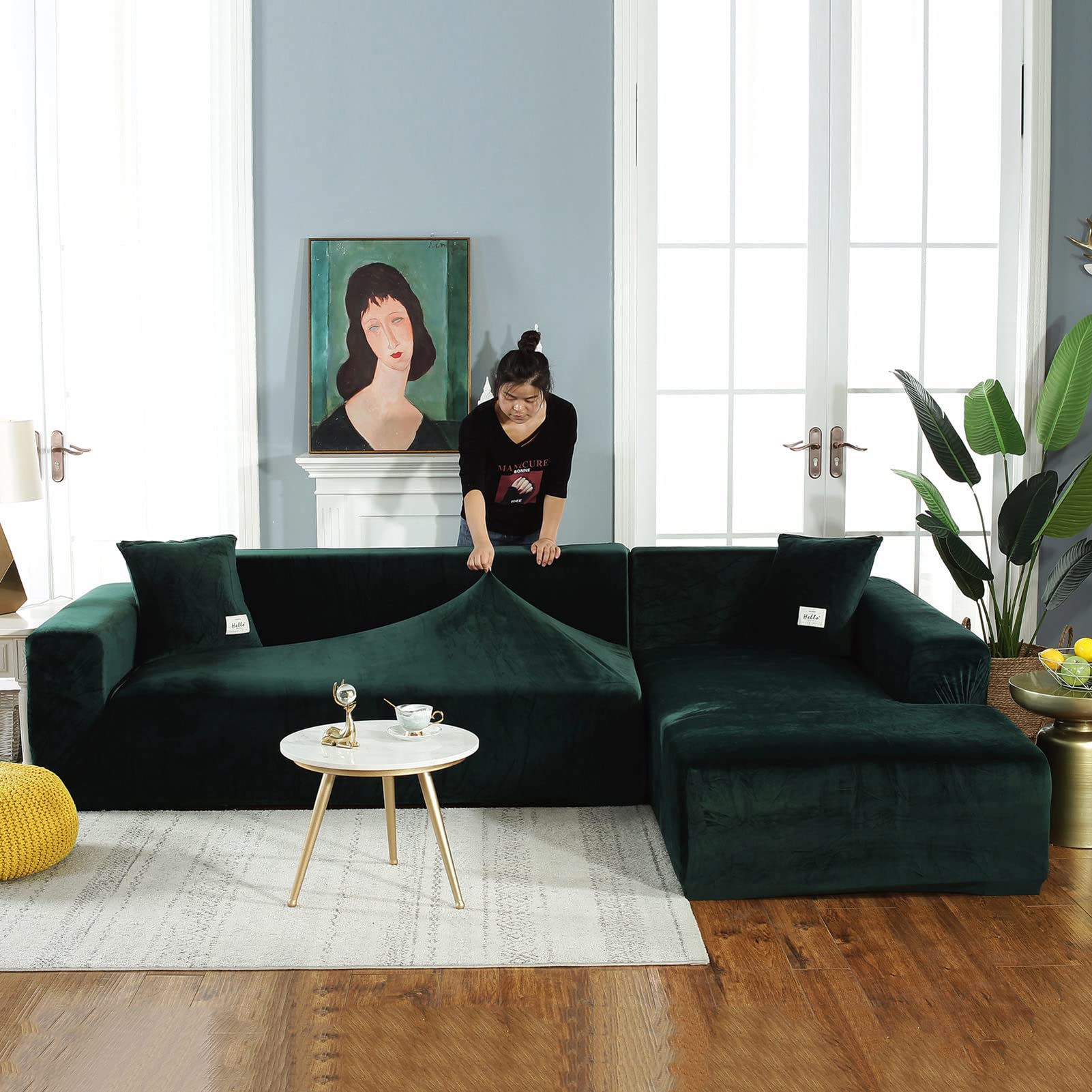 Thick Plush Stretch Sofa Cover for 1-4 Cushion Couches - Non-Slip Pet-Friendly L-Shaped Couch Protector - Dark Green 2-Seater (145-185cm) - Perfect for Living Room, Family Room & Pet Owners