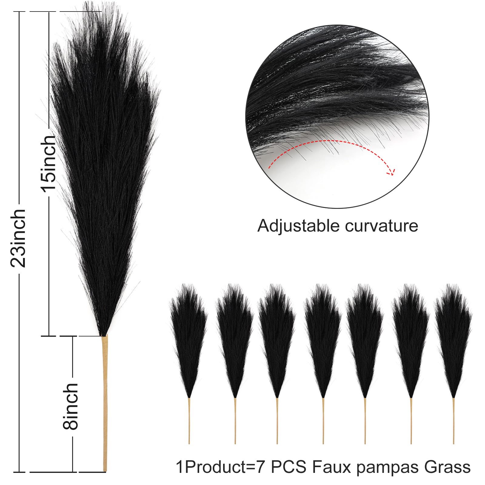 7 PCS 24 Inch Black Faux Pampas Grass Decor - Fluffy Artificial Pompous Grass Stems for Vase Filler, Table Centerpiece, Home, Office & Boho Wedding Decor - Perfect for Living Room, Bedroom & Event Styling