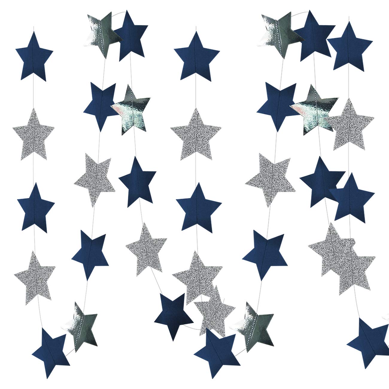 Navy Blue Glitter Silver Star Garland - 2 Pack Space Themed Party Decor for Birthday, Baby Shower & Outer Space Events | Perfect for Ceiling, Wall & Table Decorations