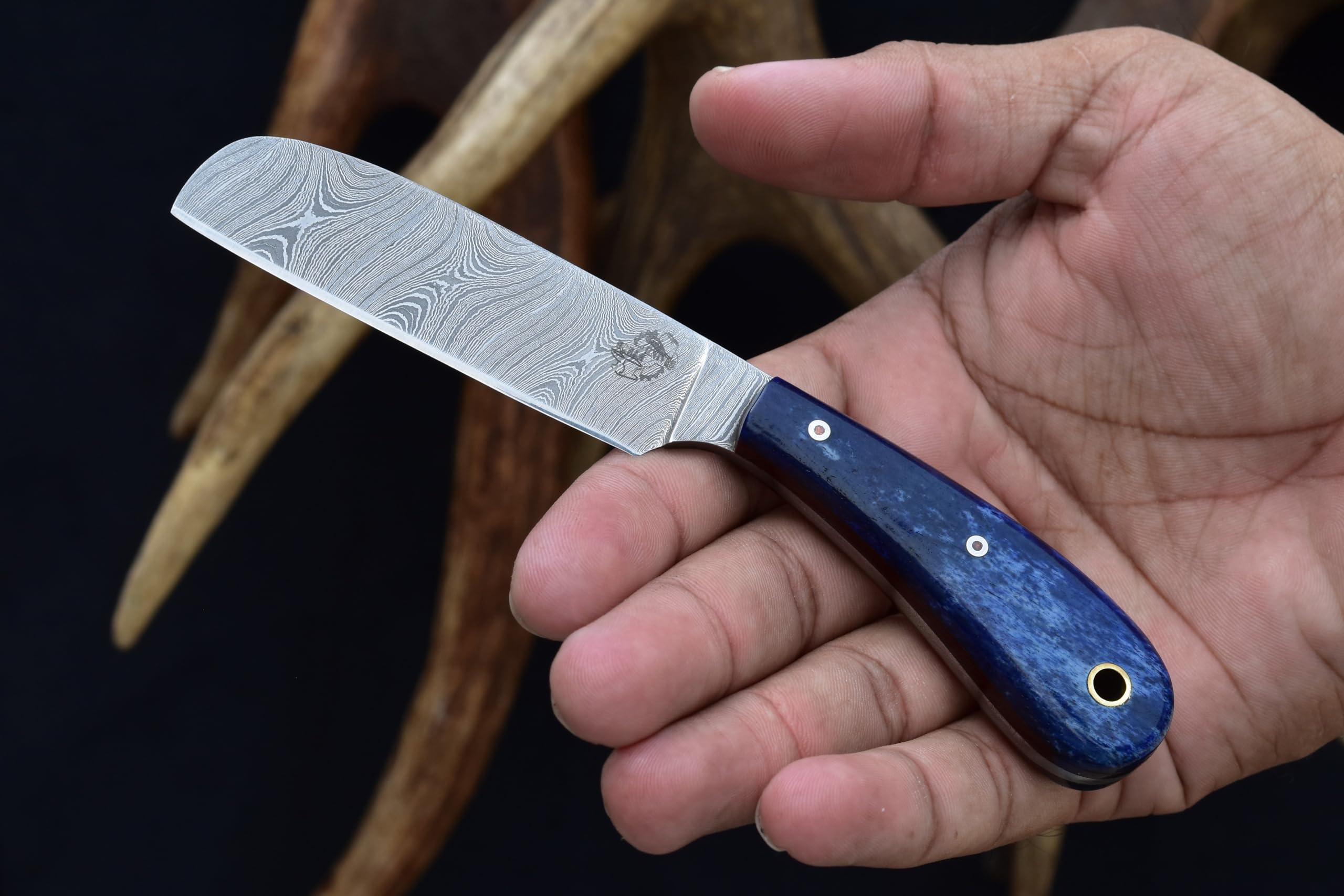 Premium Damascus Steel Castration Knife with Blue Dyed Sheep Bone Handle - Dual Carry Vertical/Horizontal Leather Sheath (3177-BLU) | Ideal for Ranch Work, Livestock Care & Cowboy Outfits