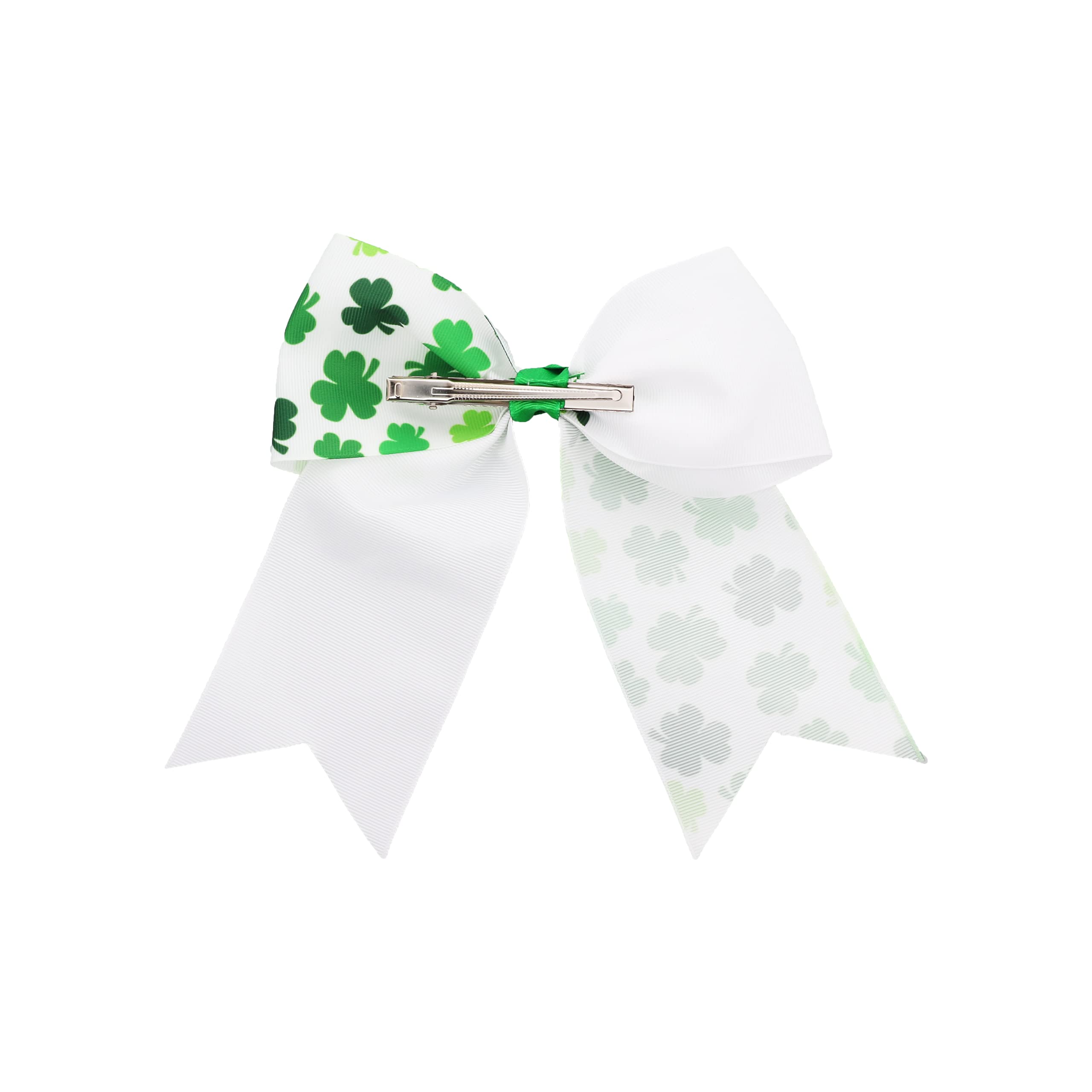 St Patrick's Day White Shamrock Hair Bow with Tails - Perfect for Irish Festivals, Parades, and Themed Parties