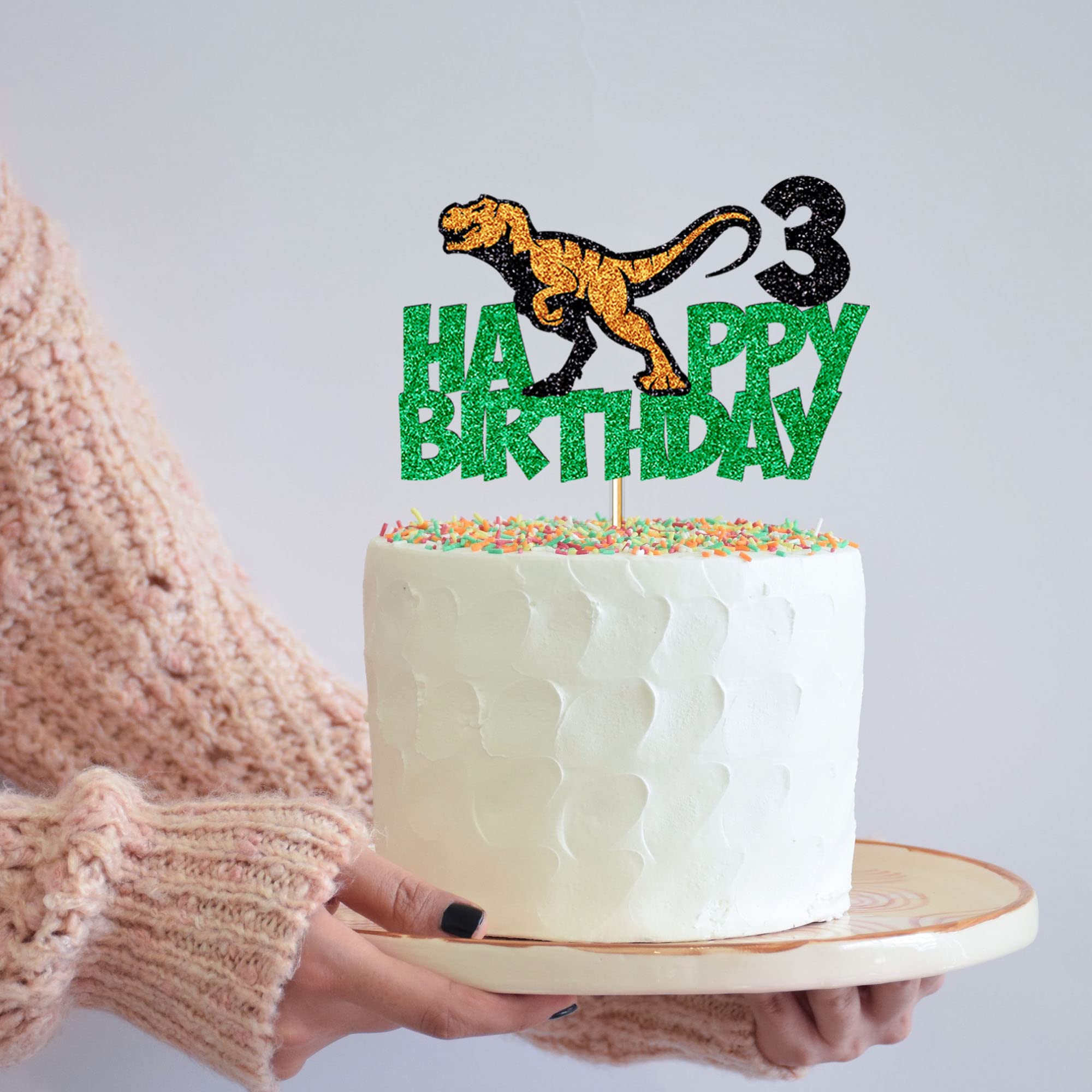 3D Dinosaur Cake Topper for Kids Birthday Party - T-Rex Themed Cake Decorations with Happy Birthday Sign - Perfect for 3rd Birthday, Dinosaur Theme Parties & Cake Decorating Supplies