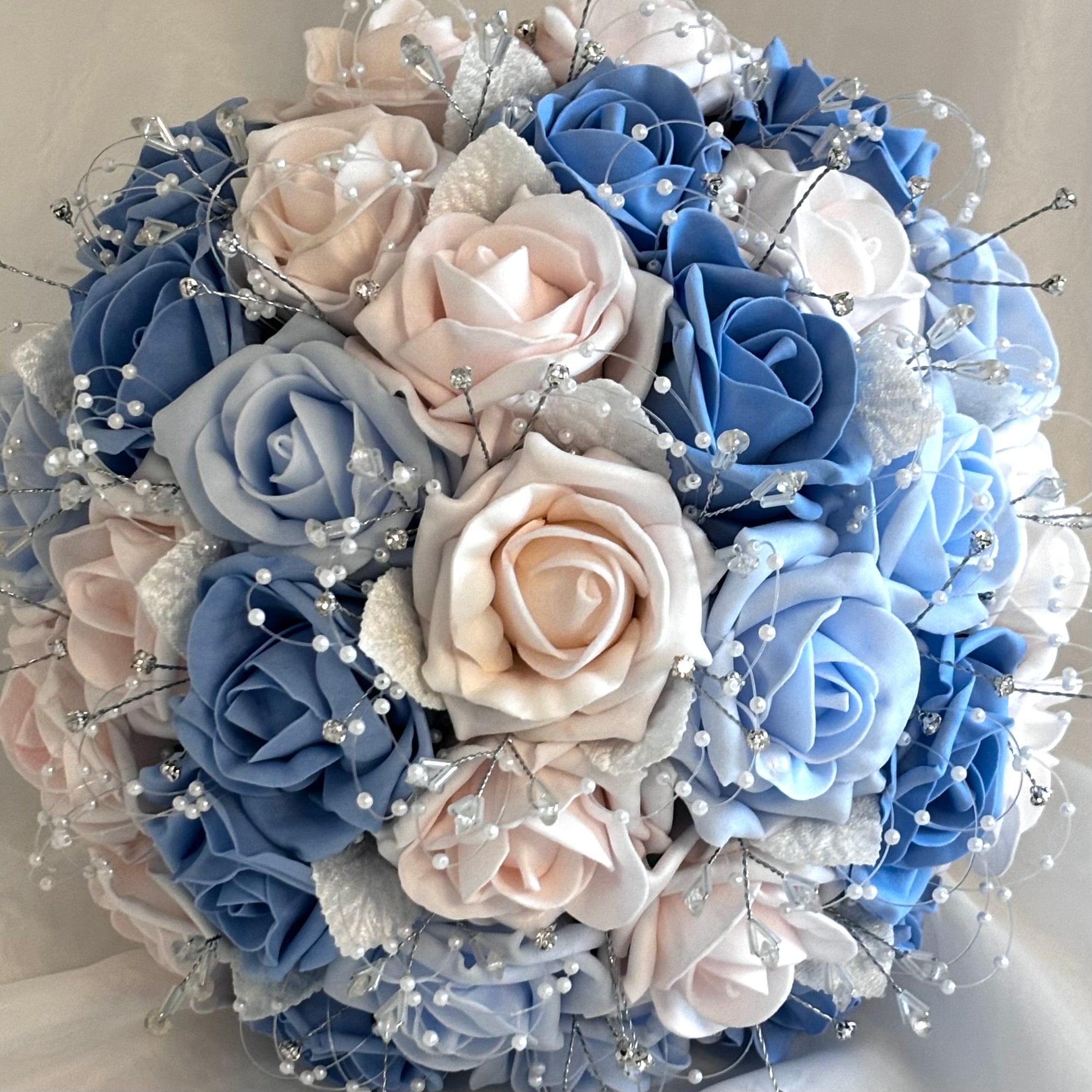 Artificial Bridal Bouquet - Blush Pink & Blue Roses with Diamantés & Crystals - Wedding Flowers FL67 - Perfect for Bridal Showers, Wedding Decor & Photo Props