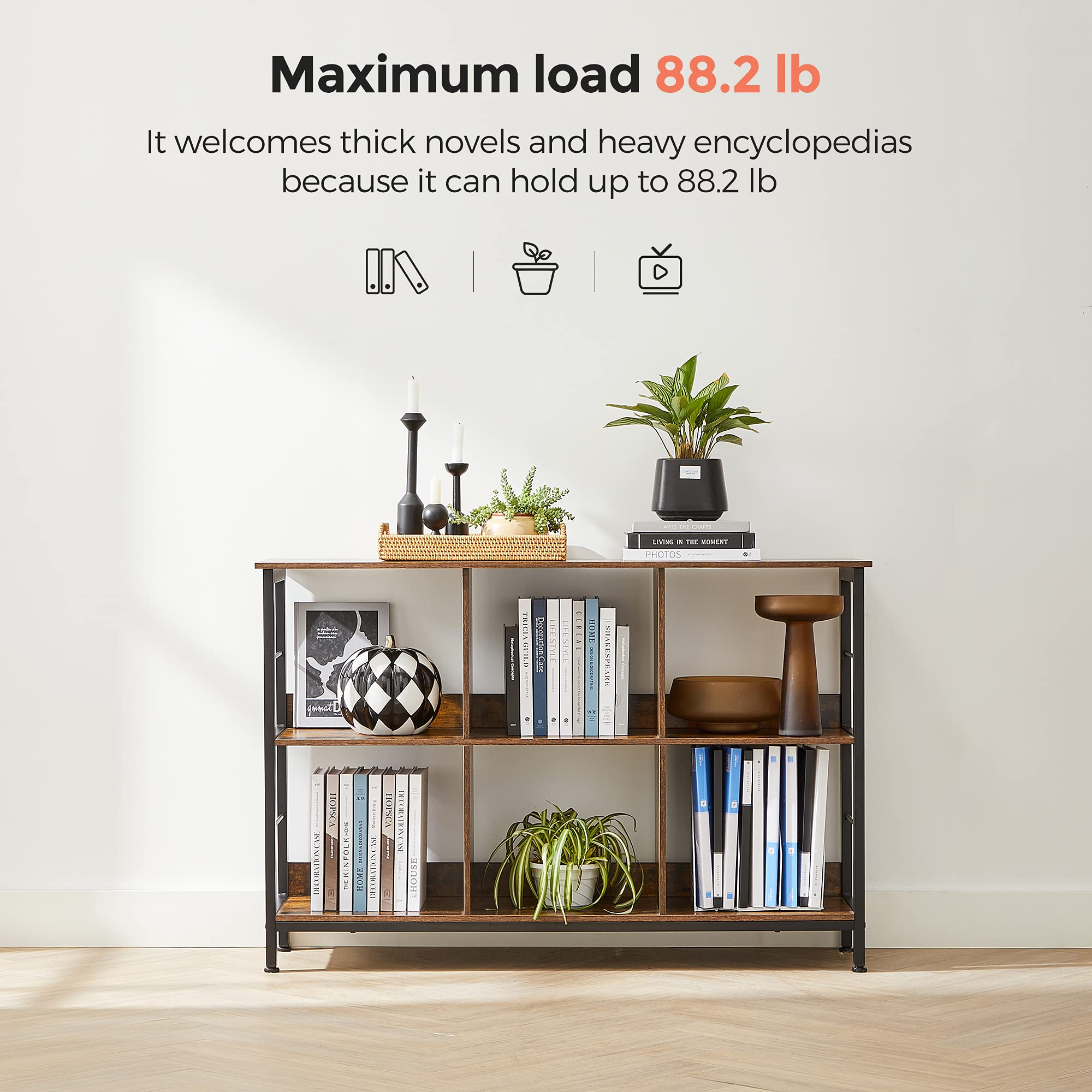 VASAGLE 6-Cube Storage Shelf, Industrial Bookshelf & TV Stand, Rustic Brown & Black, 13 x 47.2 x 31.5 Inches - Perfect for Living Room, Bedroom, Office Organization & Home Decor