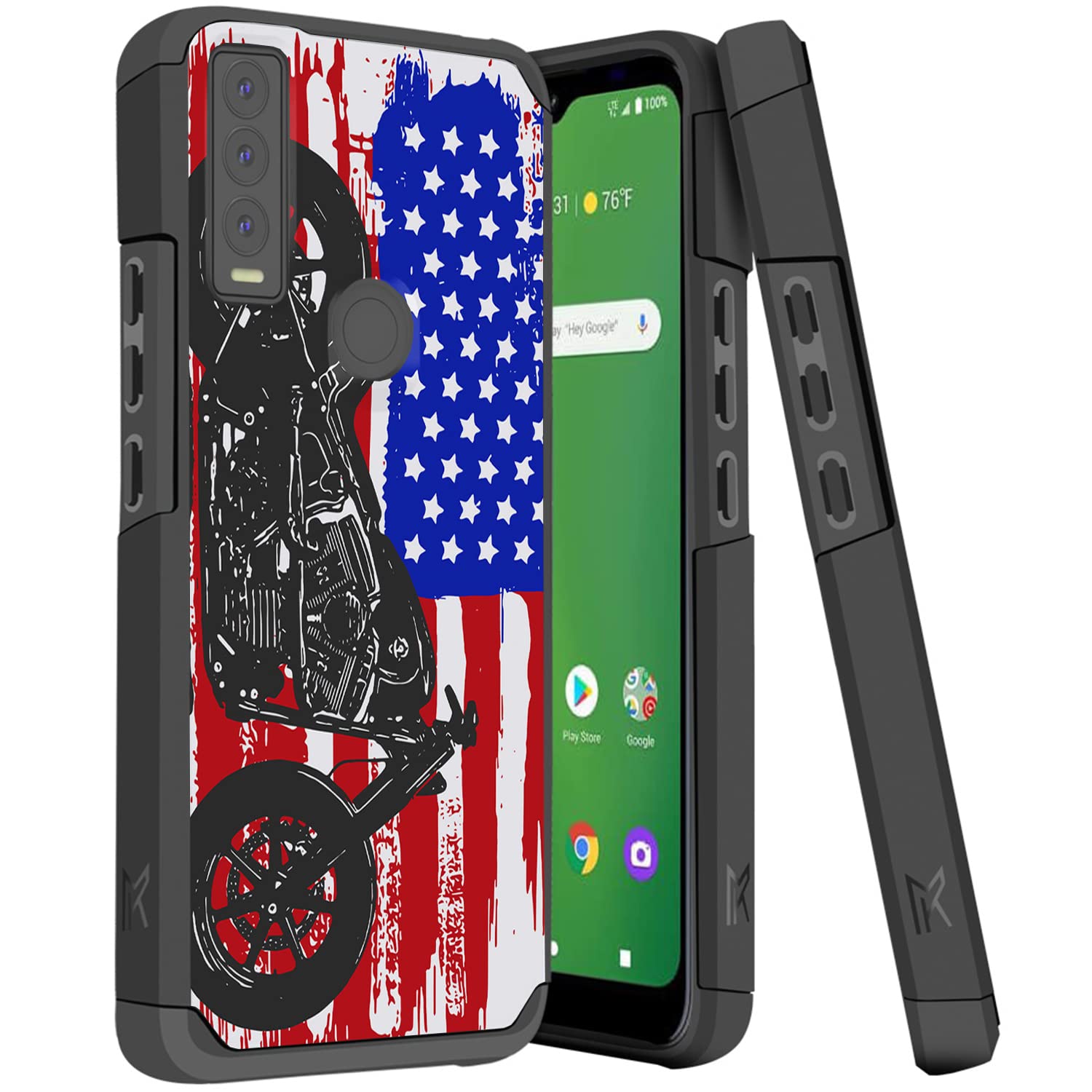 Heavy Duty Dual Layer Hybrid Case for Cricket Ovation 3 & AT&T Motivate Max (2022) - Tactical Protective Phone Cover with Motorcycle Flag Design - Perfect for Outdoor Adventures & Rugged Use