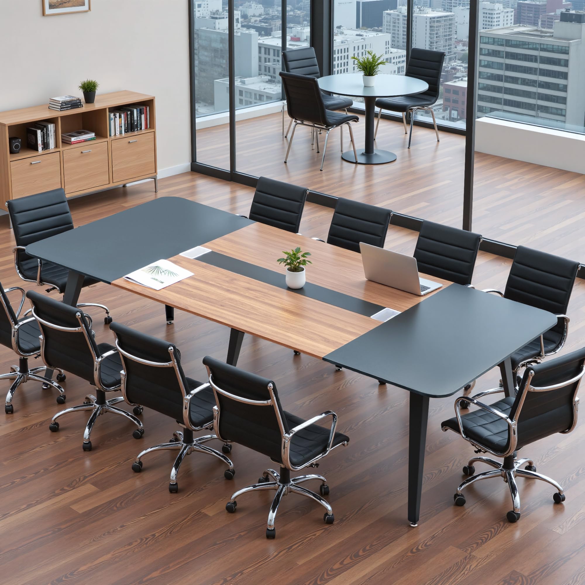 Shahoo 8FT Large Conference Table - Modern Rectangle Boardroom Table with Metal Frame & Cable Grommet - Office Meeting Table for Conference Rooms, Seminars & Team Collaboration (Black/Brown, 94.5