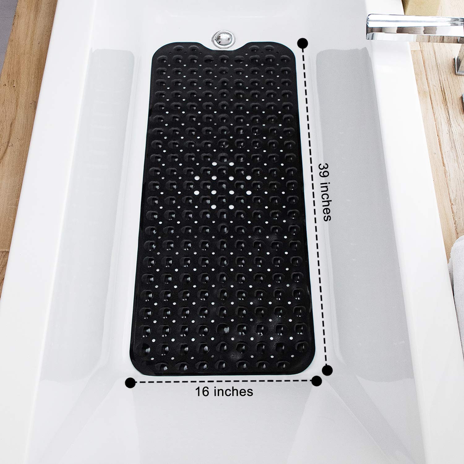 TEESHLY Extra Long Non-Slip Bathtub Mat with Drain Holes & Suction Cups - Machine Washable Shower Mat for Bathroom Safety (Black) - Perfect for Elderly, Kids & Wet Floors