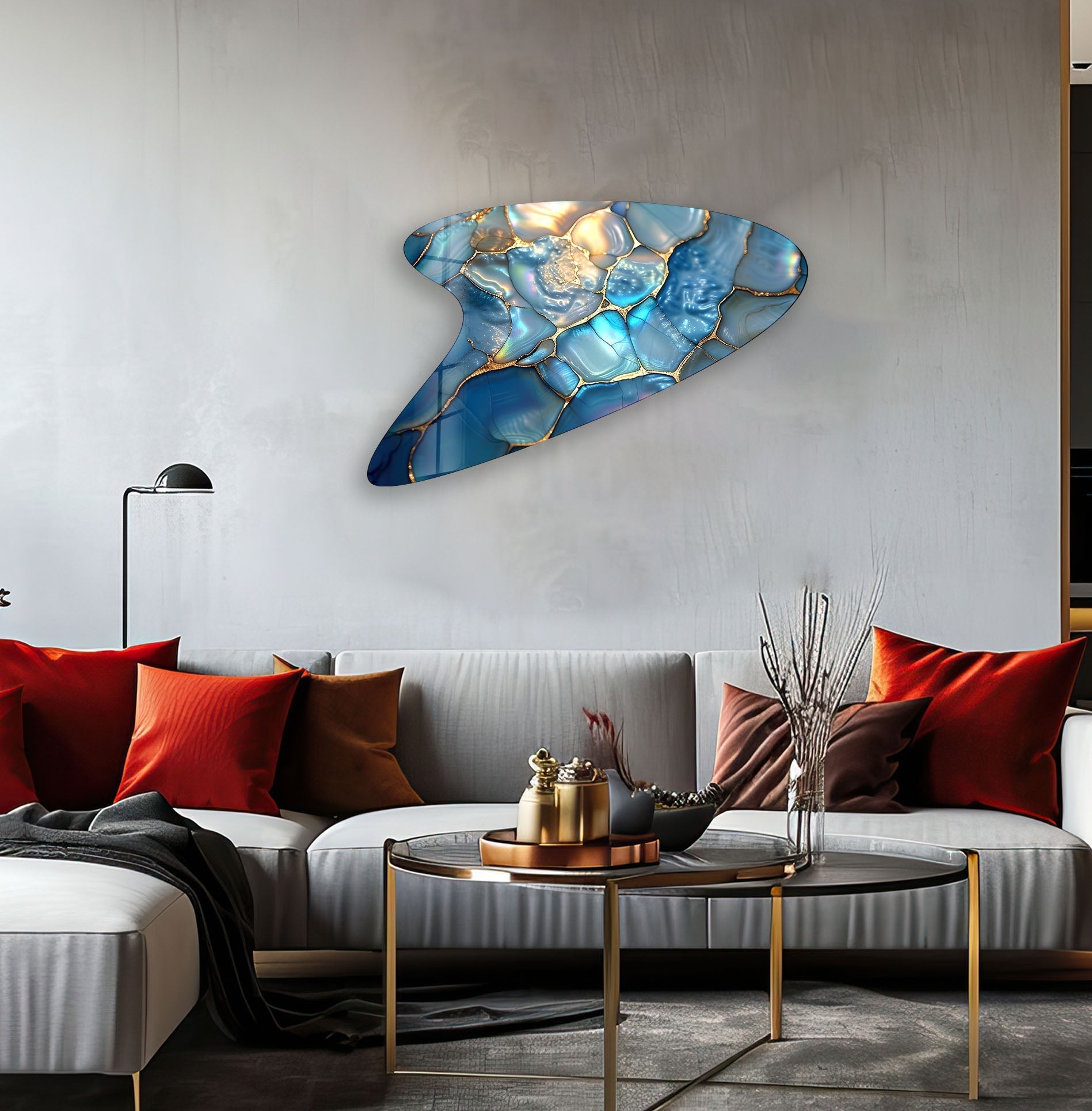Abstract Blue Marbled Glass Wall Art - Modern Handmade Home Decor for Living Room, Bedroom & Office - Unique Textured Glass Panel for Contemporary Interior Design