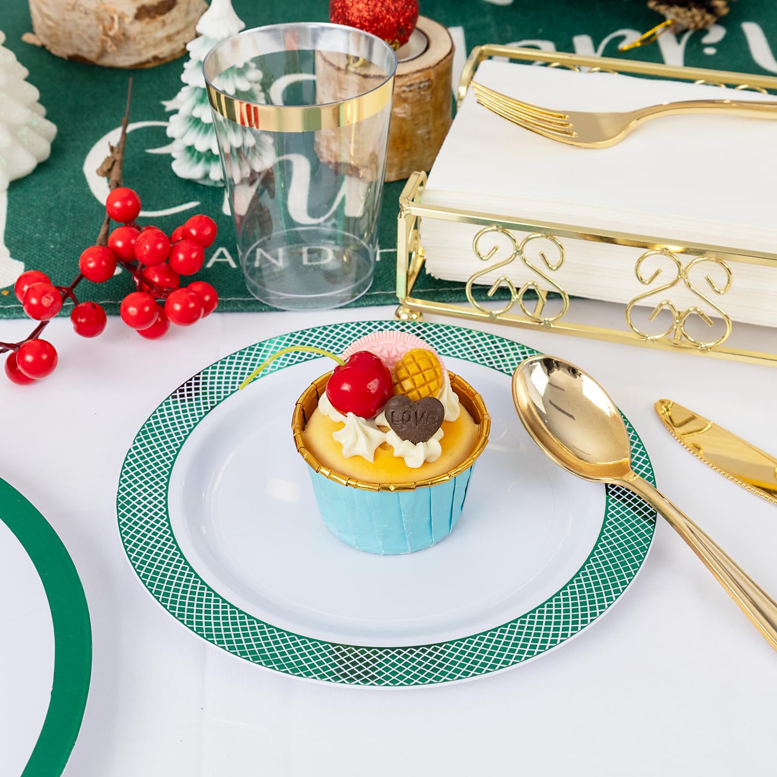 Ciaell 175-Piece Eco-Friendly Green Plastic Party Tableware Set - 25 Dinner Plates, 25 Dessert Plates, 25 Knives, 25 Forks, 25 Spoons, 25 Cups & 25 Napkins | Perfect for St. Patrick's Day, Birthday Parties, Weddings & Outdoor Events | Disposable & Durable Dinnerware for Easy Cleanup