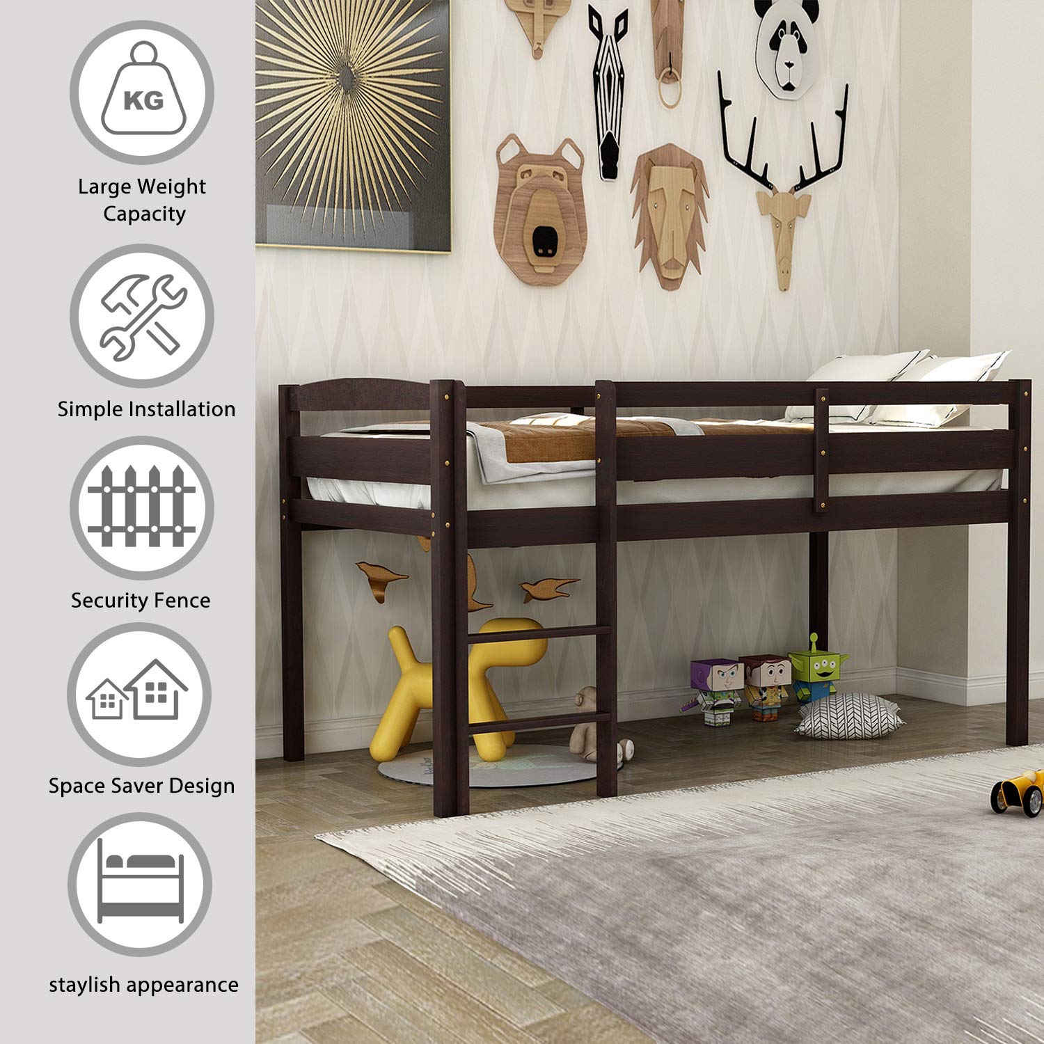 Twin Loft Bed Frame for Kids - Sturdy Wood Low Loft Bed with Full-Length Guardrail & 28.7