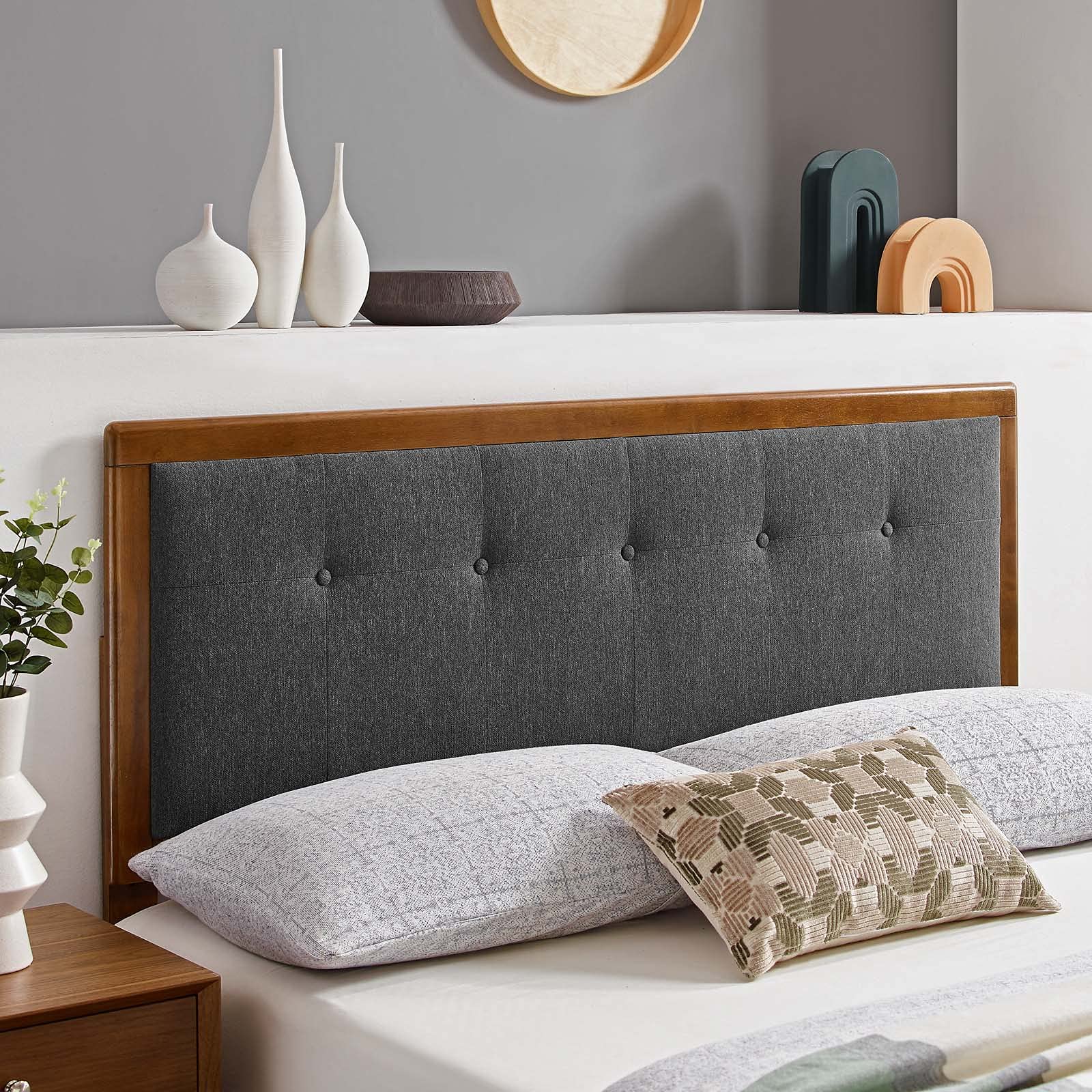 Full Size Tufted Headboard - Brown Walnut & Grey Fabric Upholstered Wooden Bed Frame - Modern Contemporary Bedroom Decor for Master & Guest Rooms