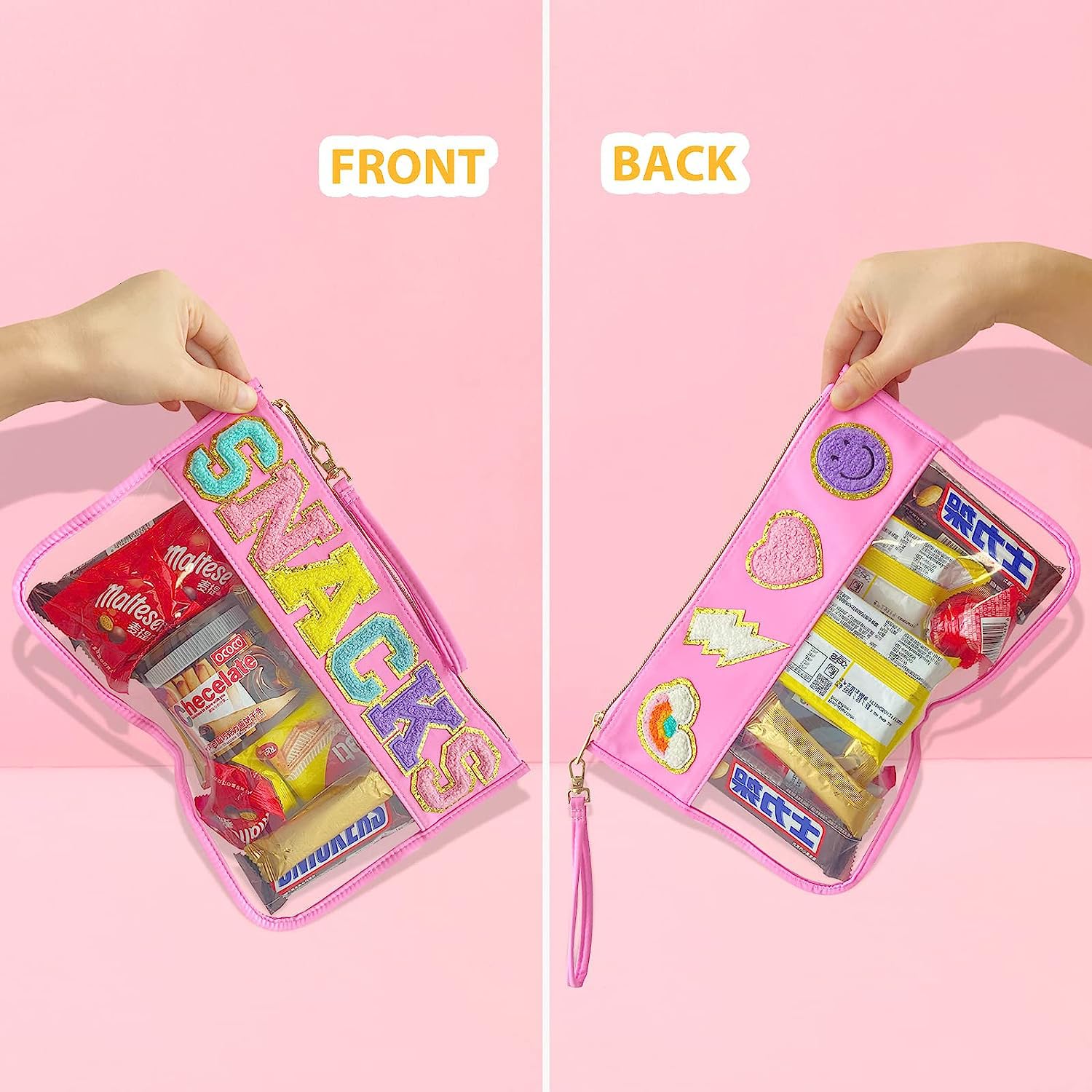1PCS Chenille Patch Nylon Pouch - Clear Waterproof Snacks Bag with Preppy Letter Patches - Multi-purpose Travel Makeup Bag for Women & Girls - Perfect for School, Gym, Beach and Daily Essentials Storage