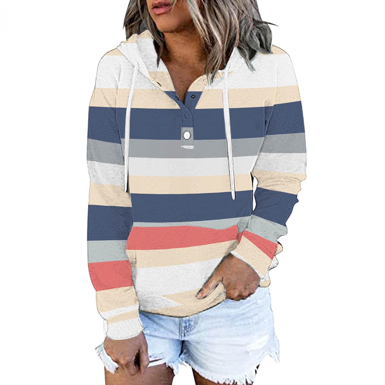 FABIURT Women's Striped Print Pullover Hoodie - Long Sleeve V-Neck Sweatshirt with Drawstring for Casual Wear, Loungewear & Outdoor Activities