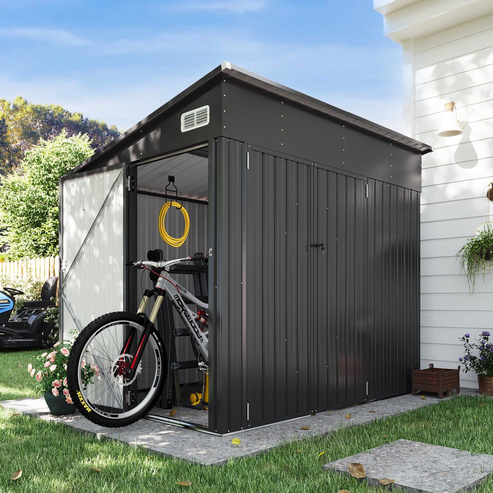 Aoxun 7.5'x5.5' Outdoor Metal Storage Shed with Triple Lockable Doors & Sloping Roof - Heavy Duty Garden Shed for Tools, Bikes, Lawn Equipment - Perfect for Backyard, Patio, Courtyard & Garage Storage
