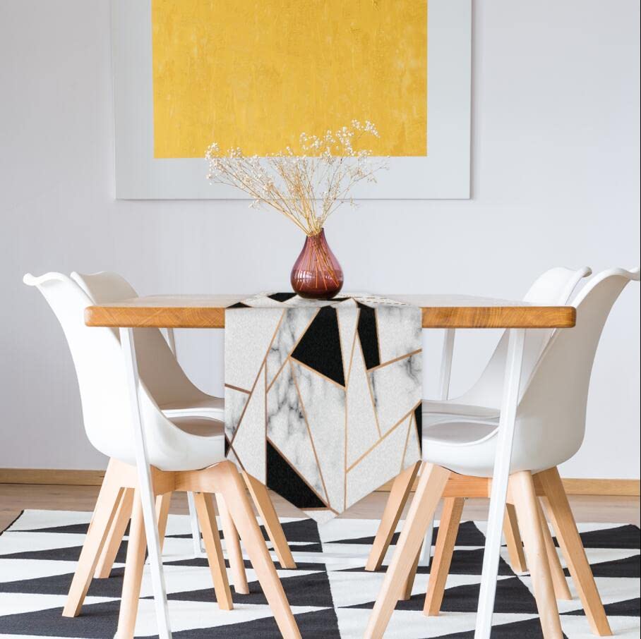 AUUXVA 13x70 Inches Geometric Marble Table Runner - White and Black Polyester Dining Table Decor for Kitchen, Coffee Table, Party & Holiday Banquet | Elegant Home Decoration & Dinner Party Setting