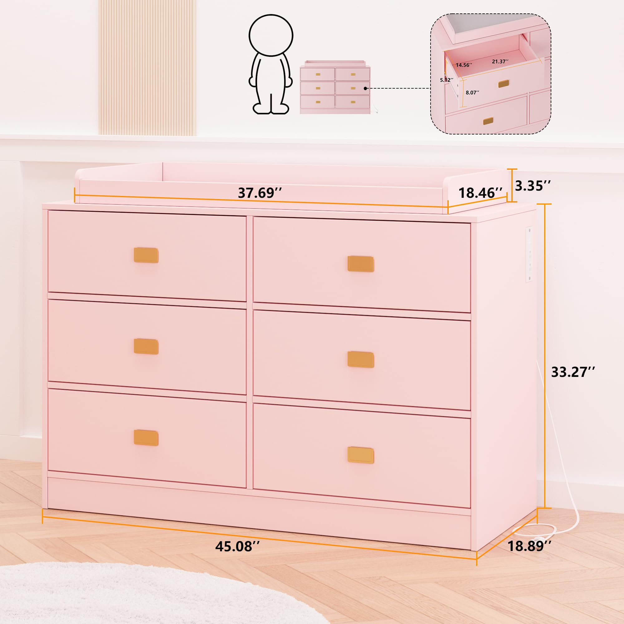 6-Drawer Nursery Dresser with Changing Table Top - Pink Baby Storage Organizer with Power Outlets & Removable Top | Perfect for Infant Bedrooms & Nursery Organization