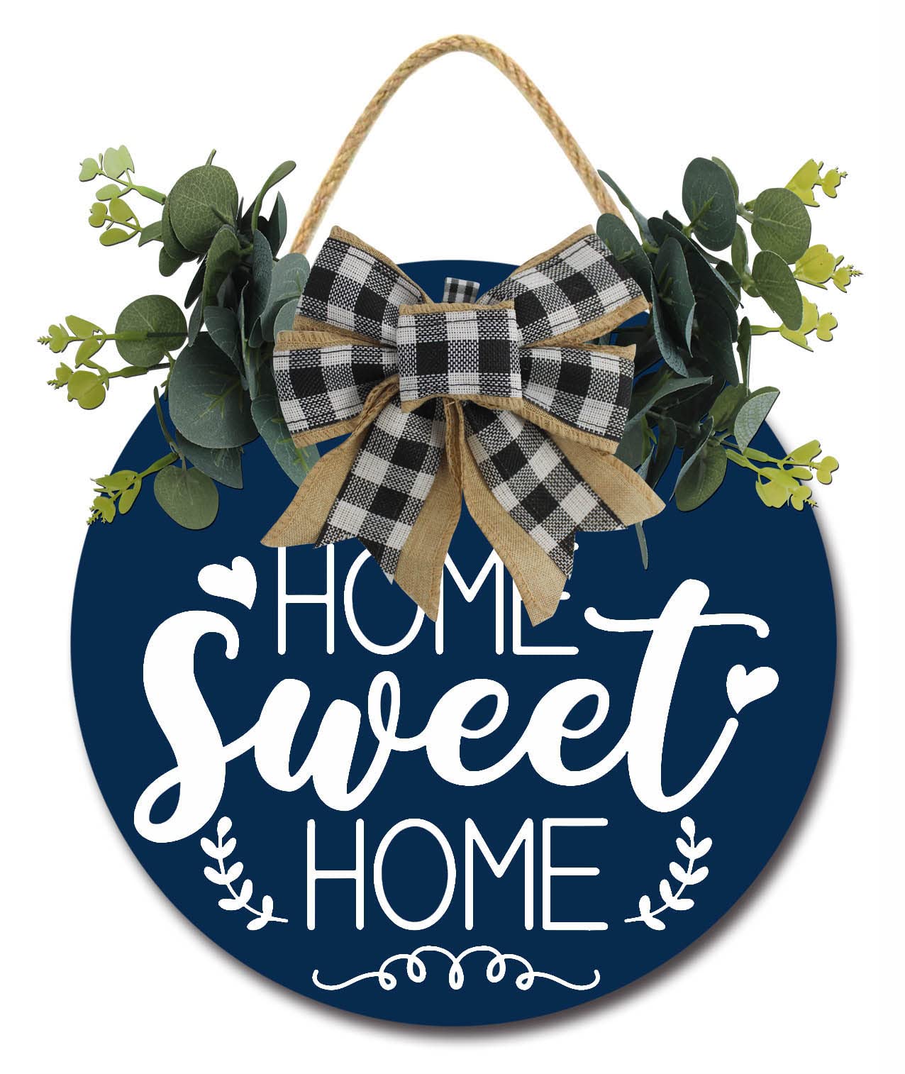 Farmhouse Round Wood Hanging Wreath Sign with Ribbon Bow & Artificial Greenery - Rustic Front Door Decor for Thanksgiving, Christmas & Seasonal Home Porch Decorations | Perfect for Holiday Welcome Signs & Cozy Entryway Decor