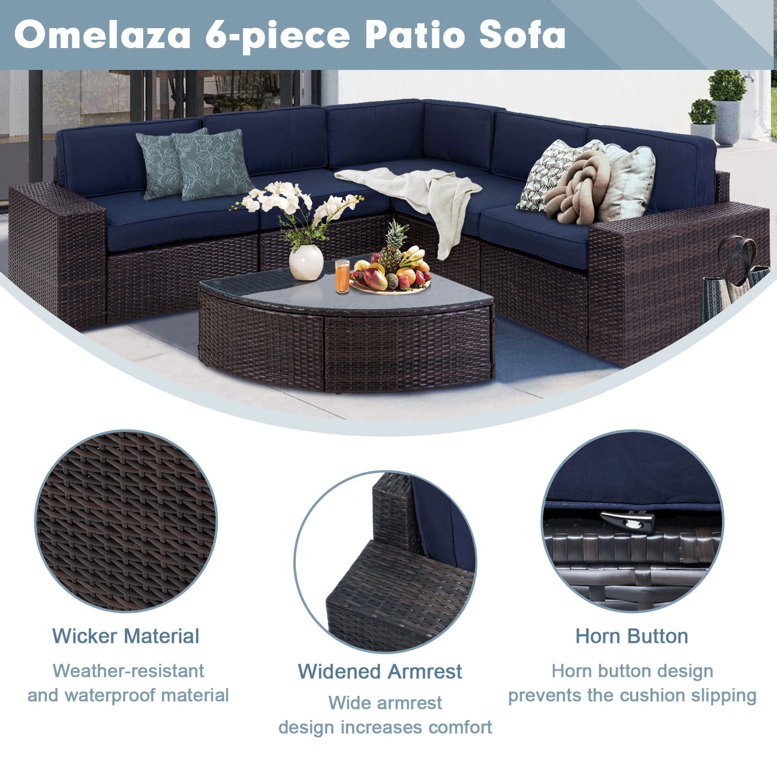 6-Piece Outdoor Sectional Sofa Set - Patio Wicker Furniture with Tempered Glass Table & Cushions - Dark Blue Conversation Set for Backyard, Poolside or Garden Relaxation