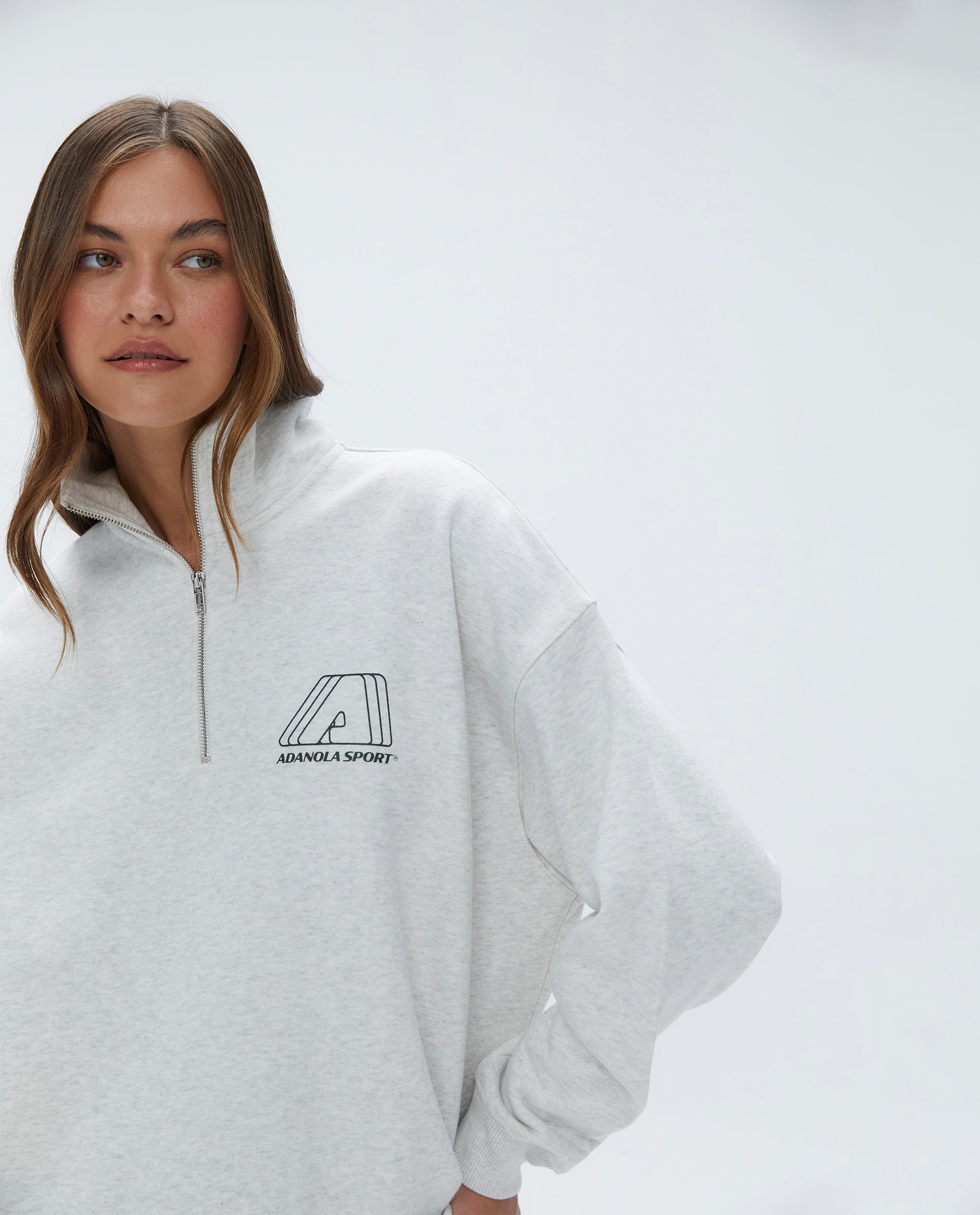 Oversized Funnel Neck Zip-Up Sweatshirt for Women - Light Grey Melange & Dark Olive | Cozy Casual Wear for Fall & Winter | Perfect for Layering, Lounging & Street Style