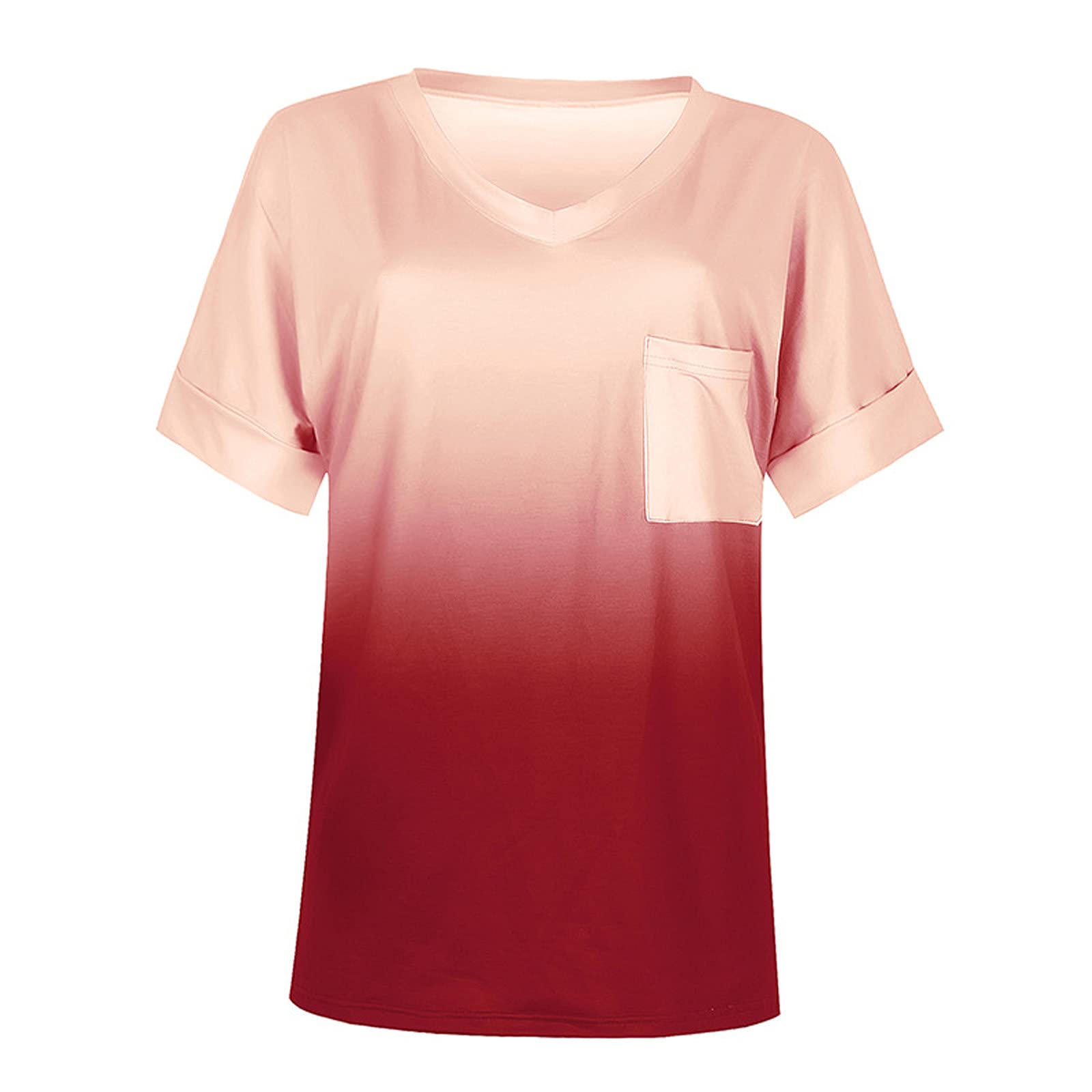 Women's Summer V-Neck Gradient T-Shirt - Casual Loose Fit Tunic Top with Short/Long Sleeve Options | Perfect for Beach Outings, Vacation Wear & Everyday Comfort