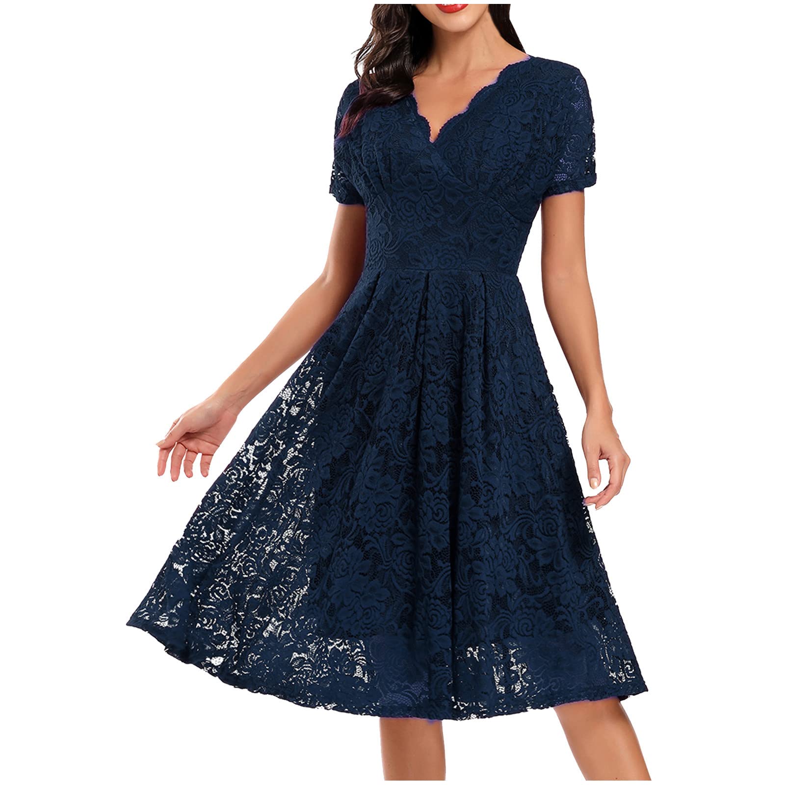 Elegant V-Neck Lace Cocktail Dress for Women - Short Sleeve Swing Midi Formal Dress for Wedding Guest, Party & Special Occasions