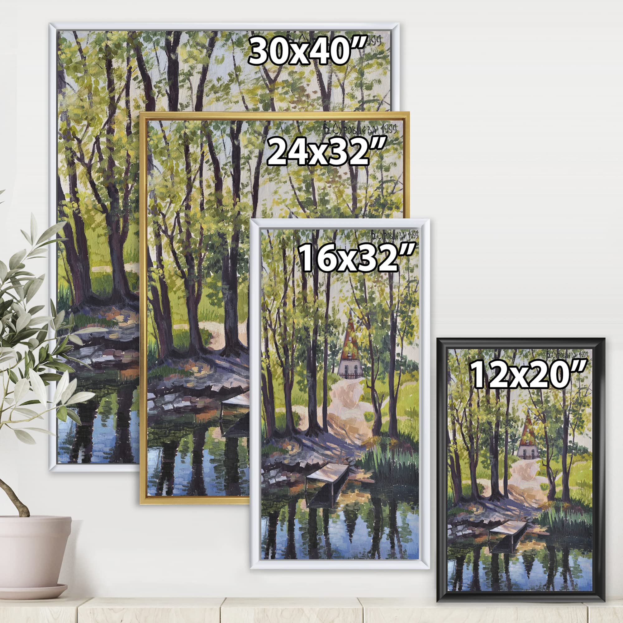 Mysterious Lake House by the River in the Woods - Framed Canvas Wall Art Print - Perfect for Living Room, Bedroom & Office Decor