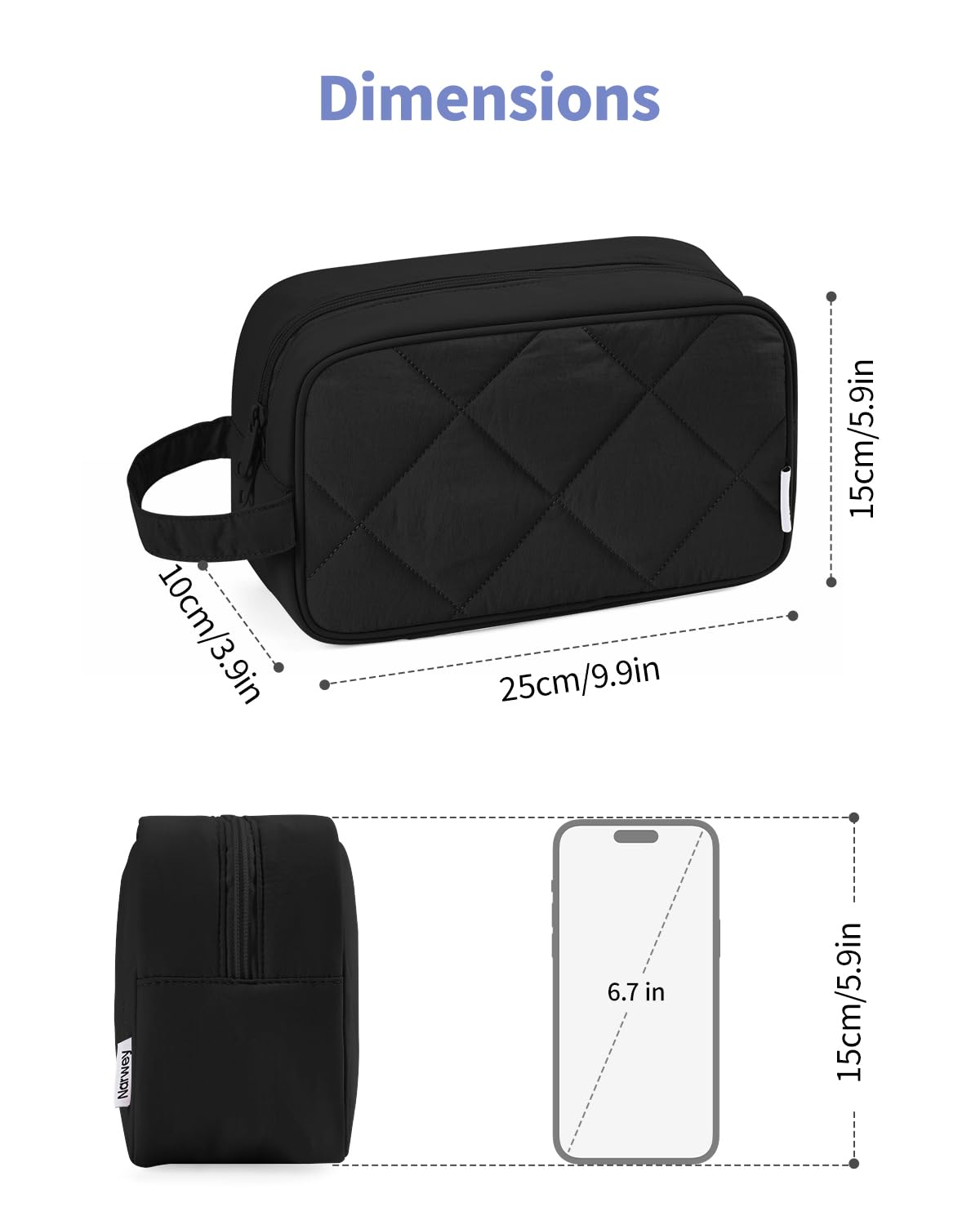 Narwey Quilted Travel Toiletry Bag for Women - Waterproof Cosmetic Makeup Organizer with Medicine Pocket, Perfect for Vacation, Gym, Business Trips & Weekend Getaways (Black)