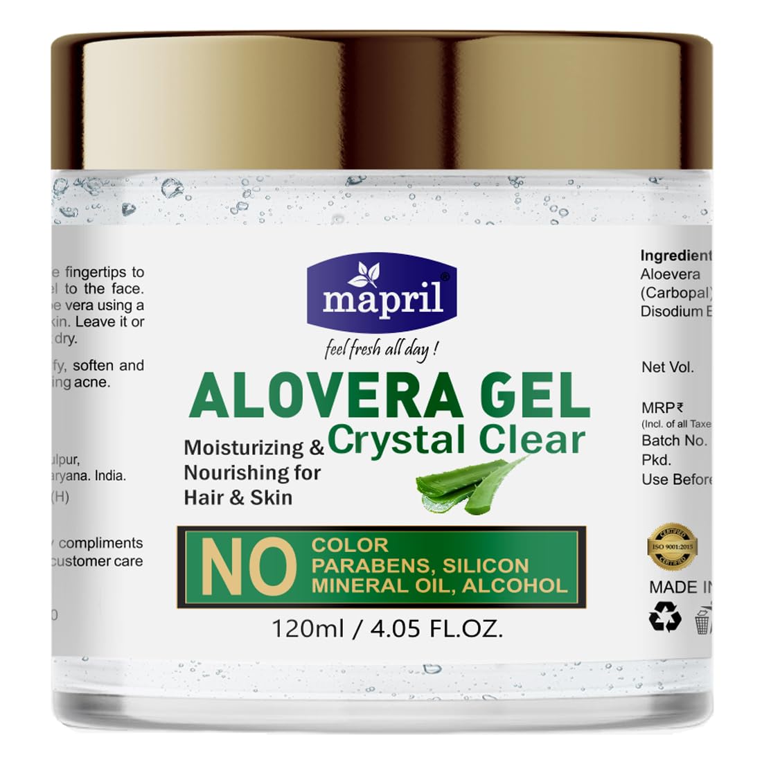 Mapril Pure Aloe Vera Gel for Face & Hair - 120ml | Multipurpose Beauty Care Gel for Skin Glow, Acne Control, Wrinkle Reduction & Scar Lightening | Dark Spot Treatment & Moisturizer for Nourished Skin & Hair | Perfect for Daily Skincare Routine, Sunburn Relief & Hair Hydration