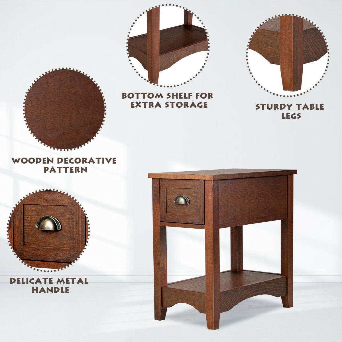 Giantex Retro Narrow End Table with Drawer & Storage Shelf - Solid Wood Nightstand for Bedroom, Living Room, Home Office - Perfect Small Space Solution for Bedside Storage & Decor (Walnut)