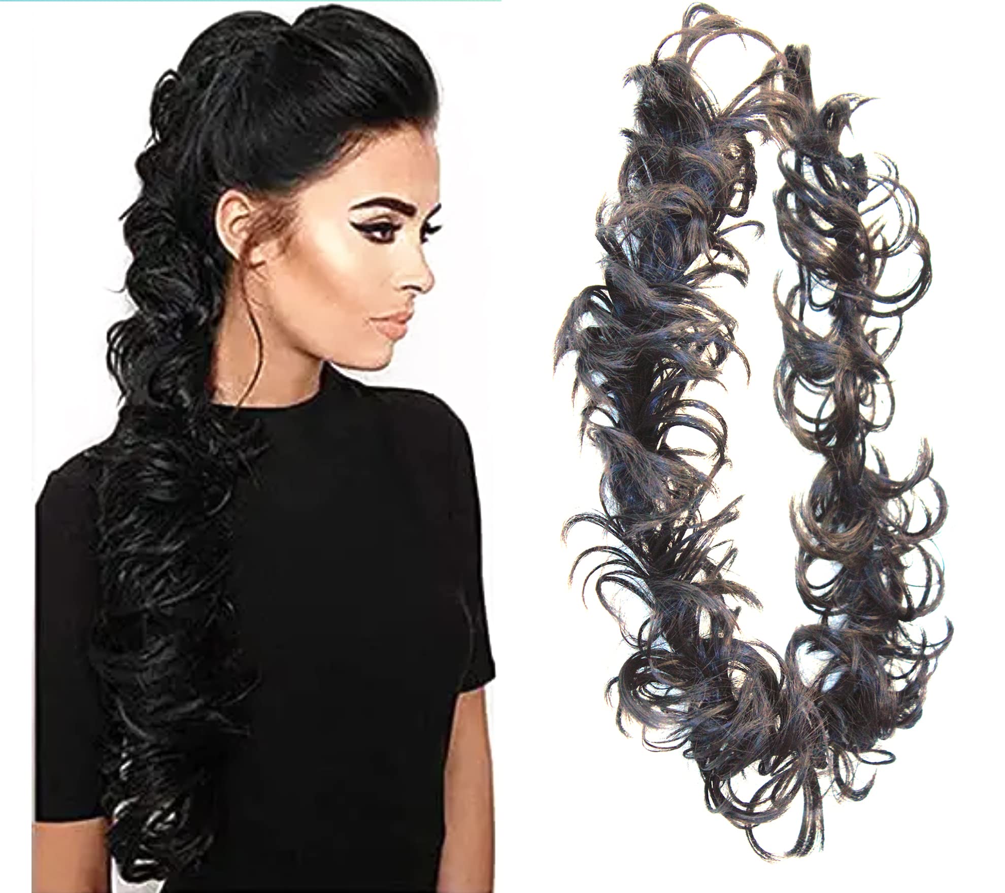 Messy Curly Wavy Juda Bun Maker & Ponytail Frill Hair Extensions for Women - Black (Pack of 1) | Perfect for Parties, Weddings & Everyday Hairstyles