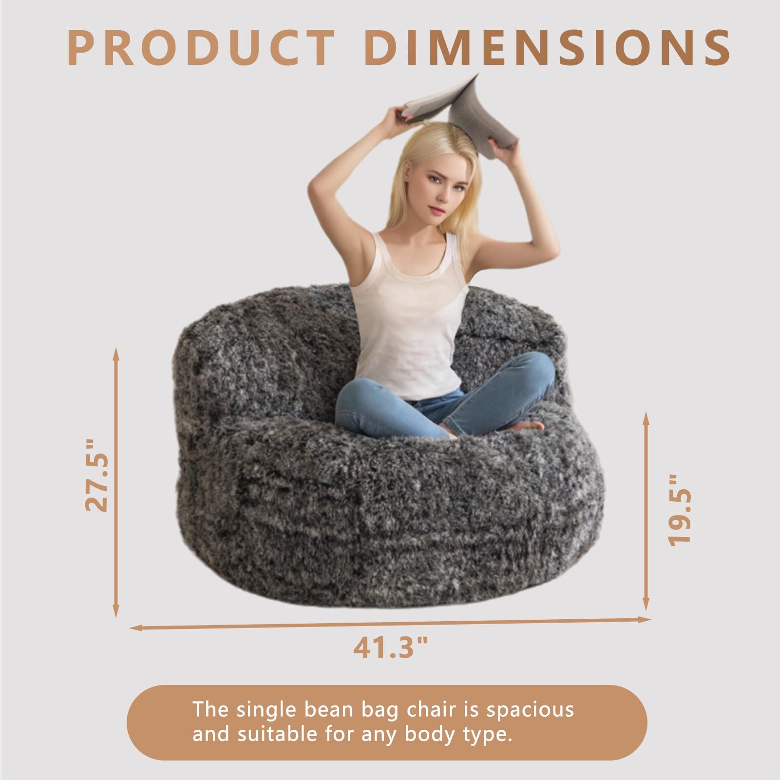 BYBYME Giant Faux Fur Bean Bag Chair - Oversized Bean Bag Couch for Adults, Large Living Room Floor Chair with Storage Pocket | Perfect for Movie Nights, Gaming, and Relaxing in Bedroom or Lounge