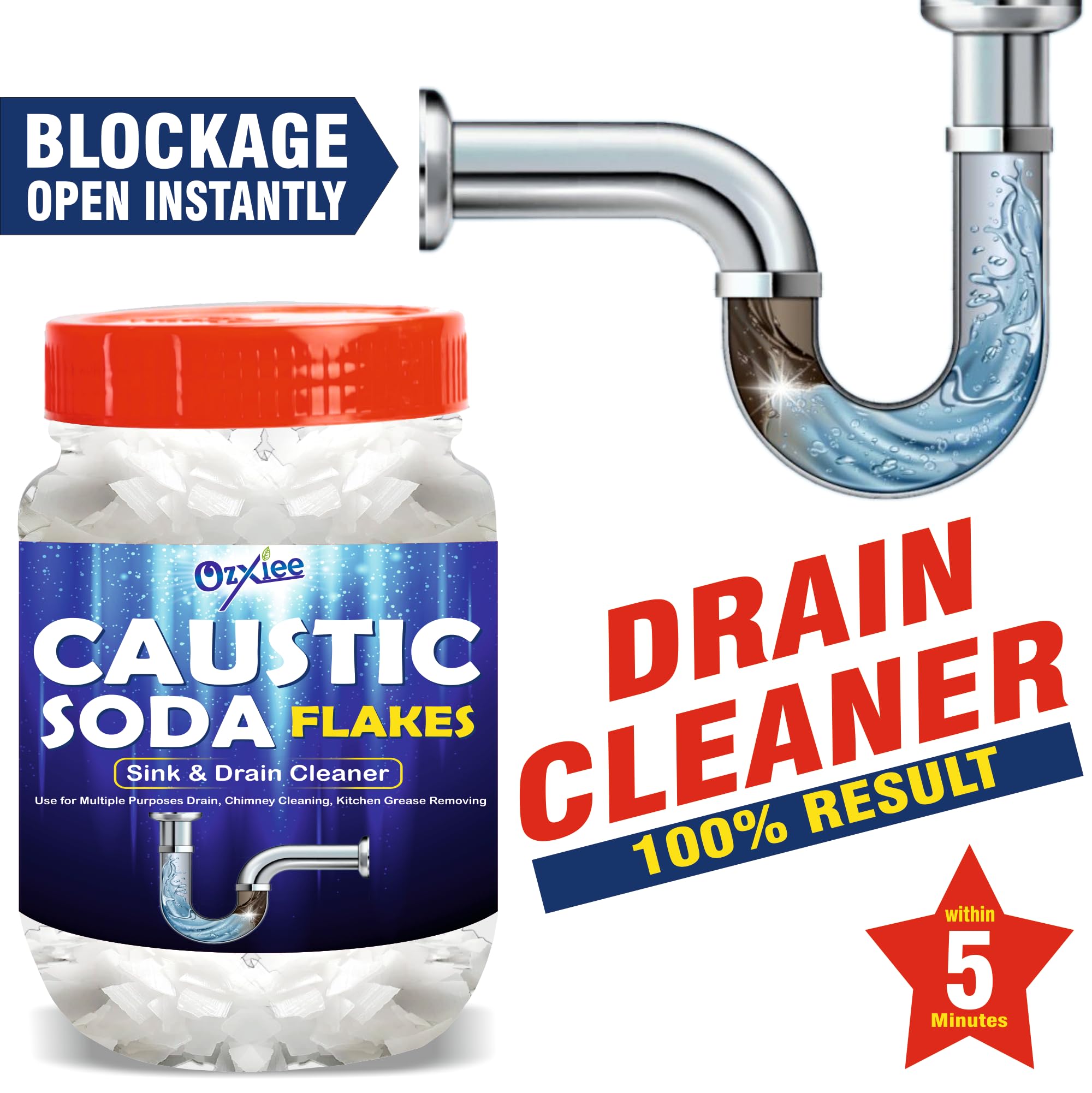 Ozxiee Caustic Soda (400g) - Powerful Drain Cleaner & Chimney Cleaner for Home Maintenance | Essential for Soap Making & DIY Cleaning Projects | Perfect for Kitchen, Bathroom & Workshop Use