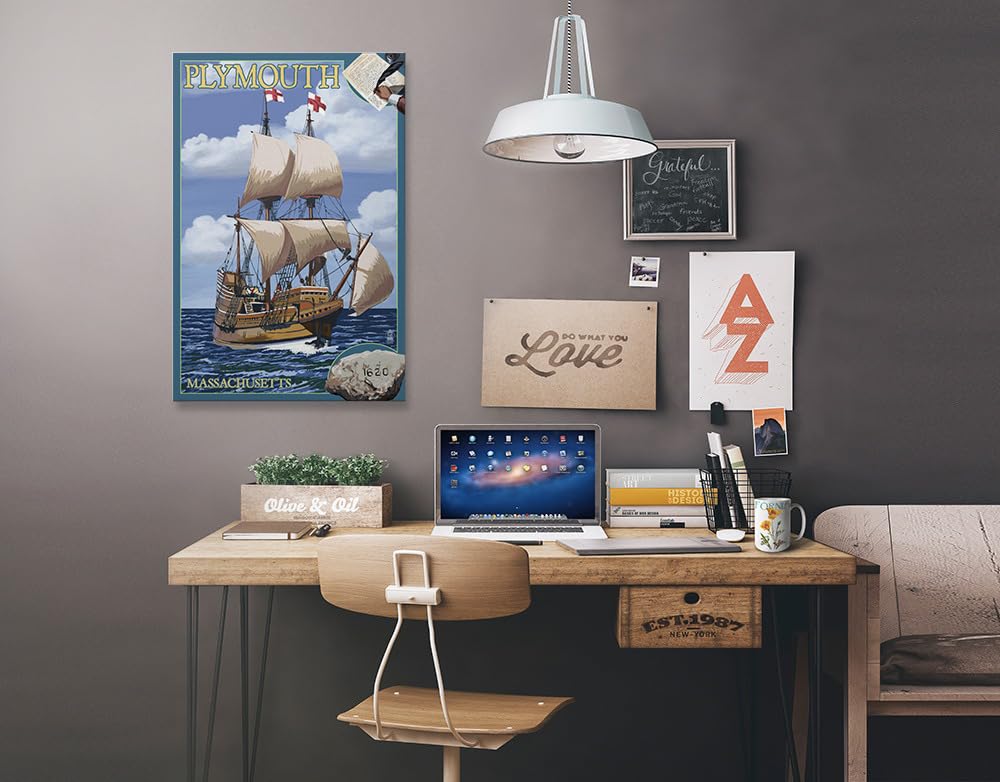 Lantern Press Plymouth Massachusetts Mayflower 16x24 Wrapped Canvas Wall Art - Coastal Home Decor, Nautical Living Room Painting, Beach House Wall Decor for Bedroom & Office