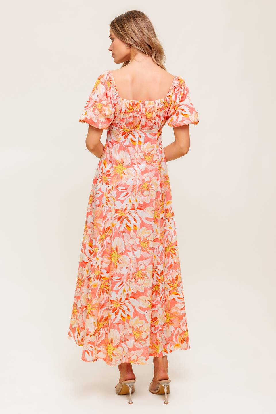Island Flowers Puff Sleeve Midi Dress in Coral - Perfect for Summer Beach Vacations, Garden Parties & Boho Chic Outfits