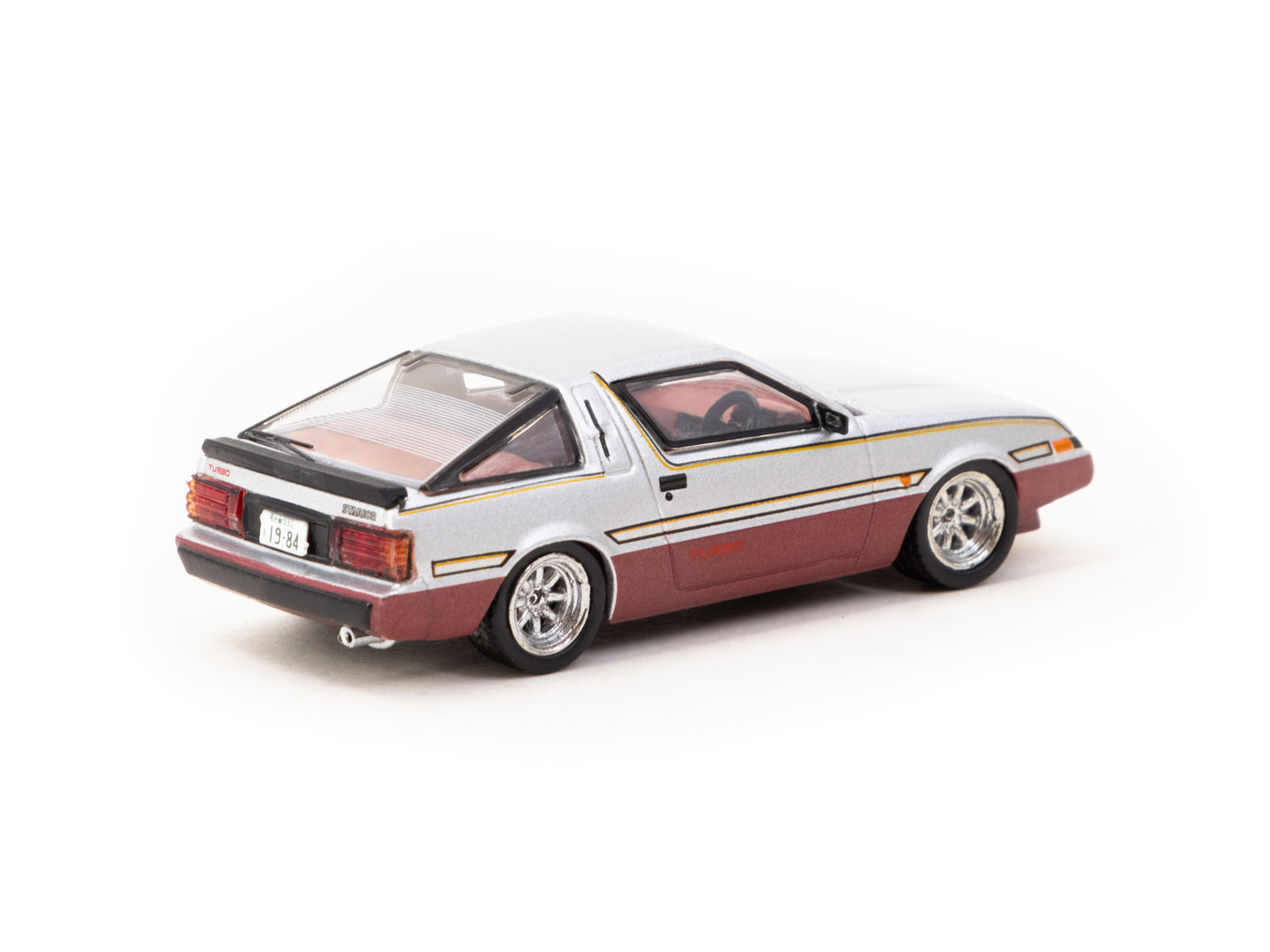 Tarmac Works 1/64 Scale Mitsubishi Starion Diecast Model Car - Silver & Dark Red (ROAD64) - Perfect for Collectors, Display Cases, and Racing Dioramas