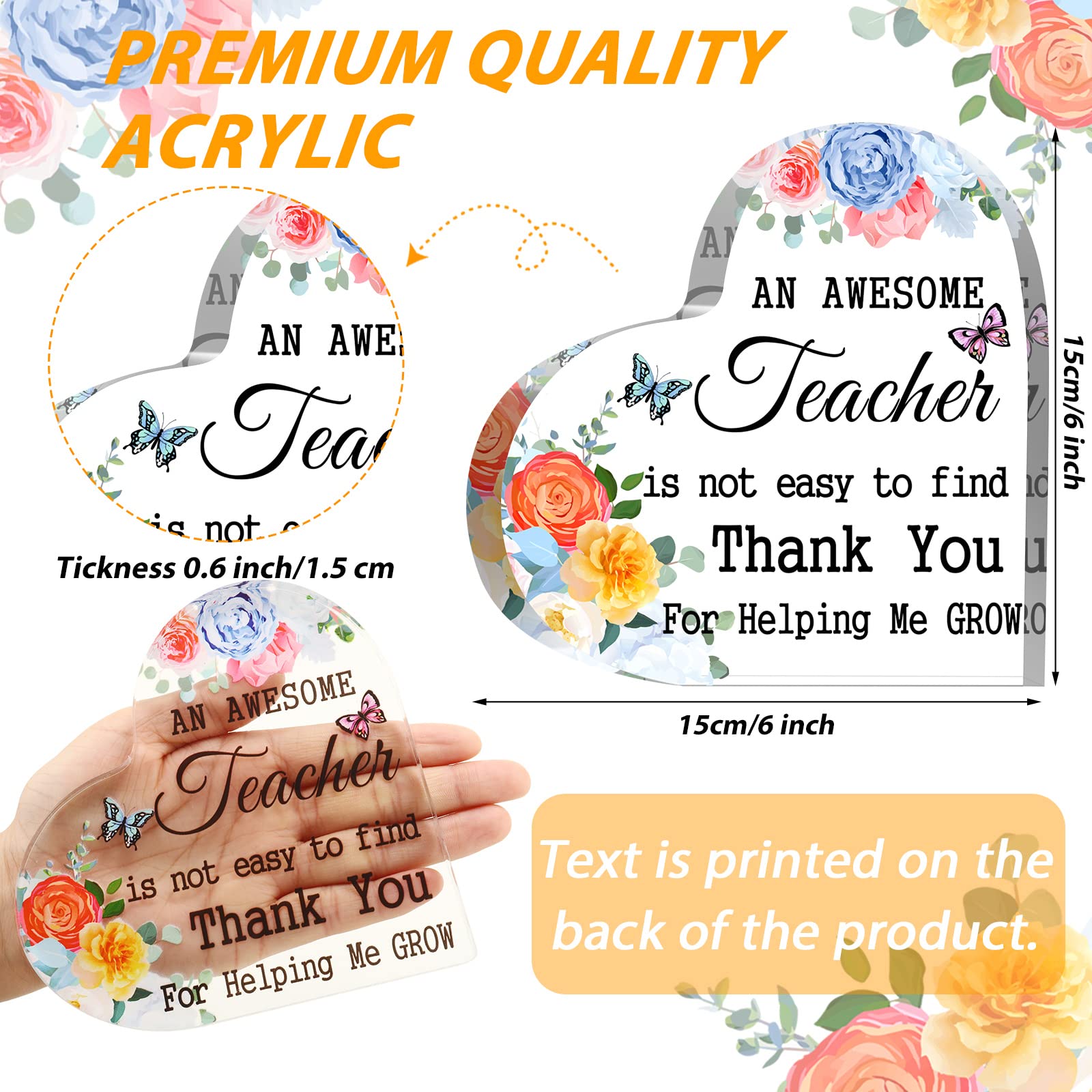 Yookeer Acrylic Teacher Appreciation Gift - 6x6 Inch Floral Keepsake Paperweight for Educators, Graduation Gift for Women - Perfect for Teacher's Desk Decor, Retirement Gifts & End of Year Thank You Presents