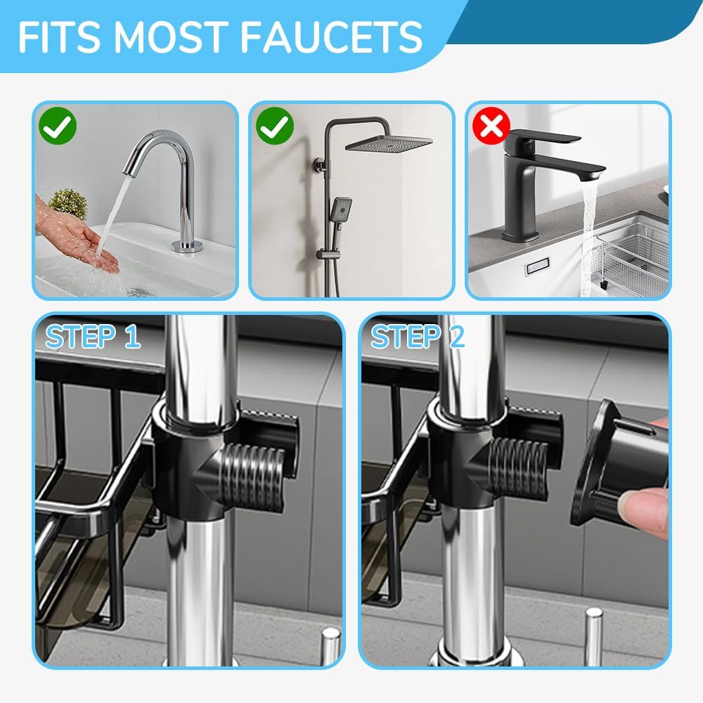 Adjustable Kitchen Sink Faucet Organizer & Sponge Holder - Detachable Sink Caddy for 0.7-1.1 Inch Round Pipes (Dark Gray, Left) | Perfect for Small Kitchen Organization, Dishwashing & Counter Space Saving