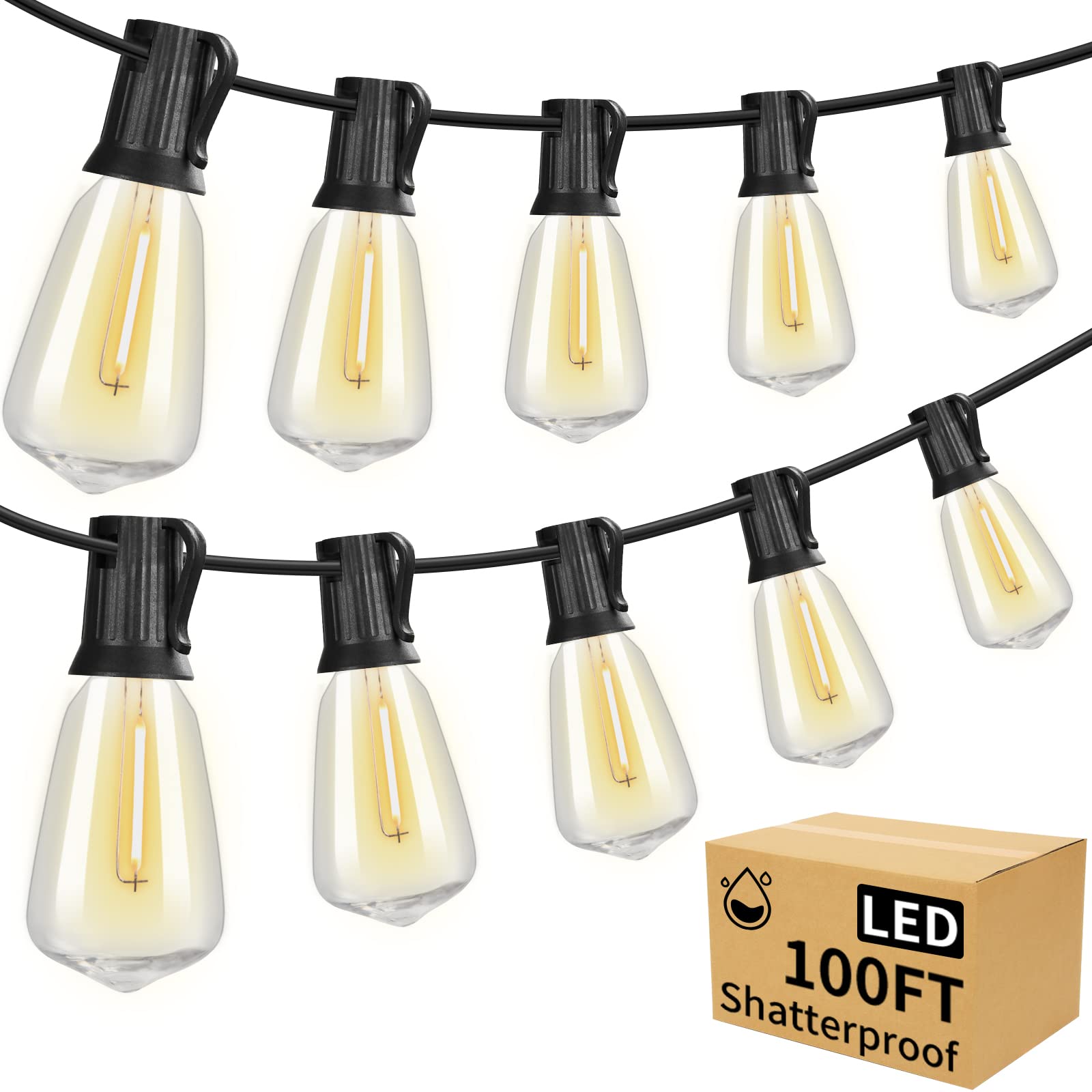 Aialun 100Ft LED Outdoor String Lights with 52 Waterproof Shatterproof ST38 Vintage Edison Bulbs - 2700K Dimmable Patio Lights for Backyard, Garden, Cafe, Bistro & Wedding Decor | Weatherproof Outdoor Lighting for Parties, Events & Landscape Decoration