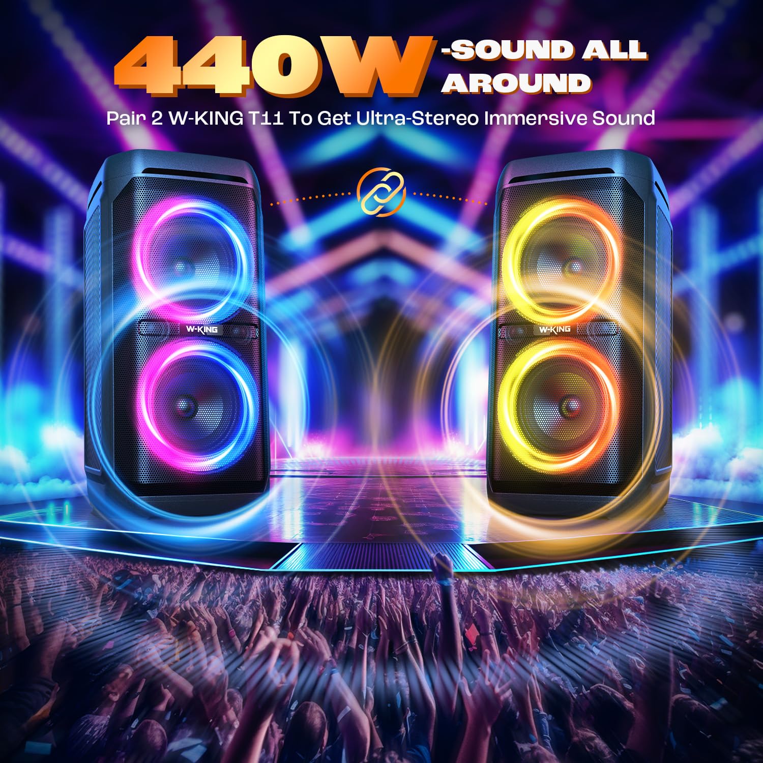 W-KING 220W Peak Bluetooth Speaker - 115dB Loud Sound, Deep Bass, IPX6 Waterproof, BT5.3, 24H Battery, EQ, Echo, DSP, RGB Lights - Portable Party Boombox for Outdoor, Beach, Camping, and Home Use