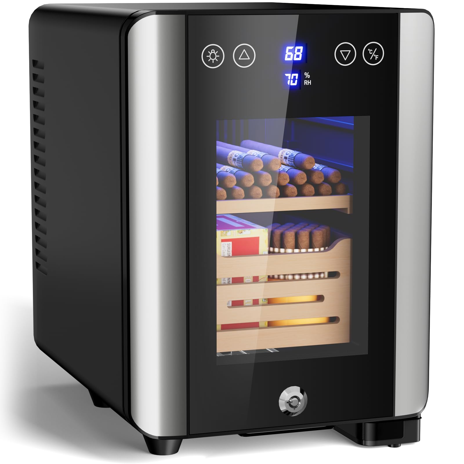 8L Electric Cigar Humidor with Lock & Cooling Control - 80 Count Table Top Cigar Cabinet with Spanish Cedar Shelves & Hygrometer - Perfect for Home, Office, or Cigar Lounge Storage