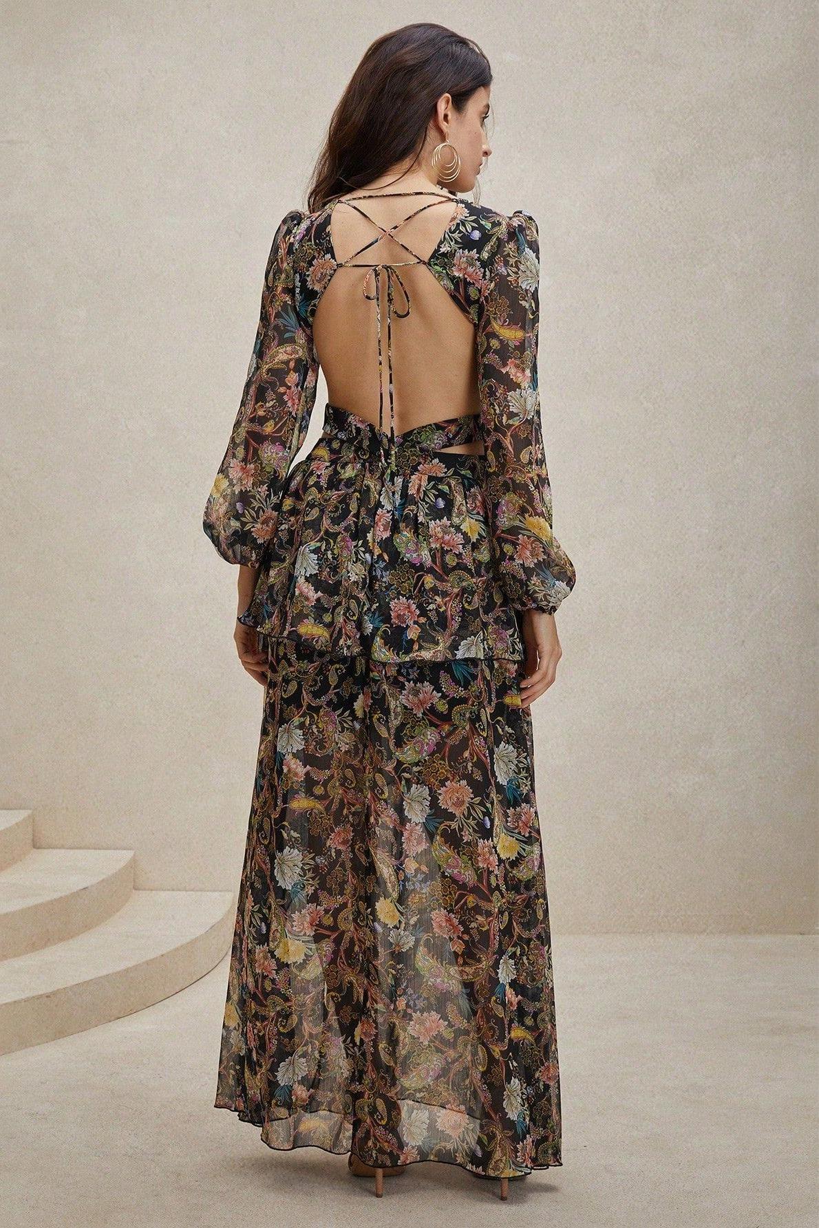 Elegant Chiffon Paisley Print Long Sleeve Midi Dress for Women - Boho Flowy Party & Wedding Guest Outfit