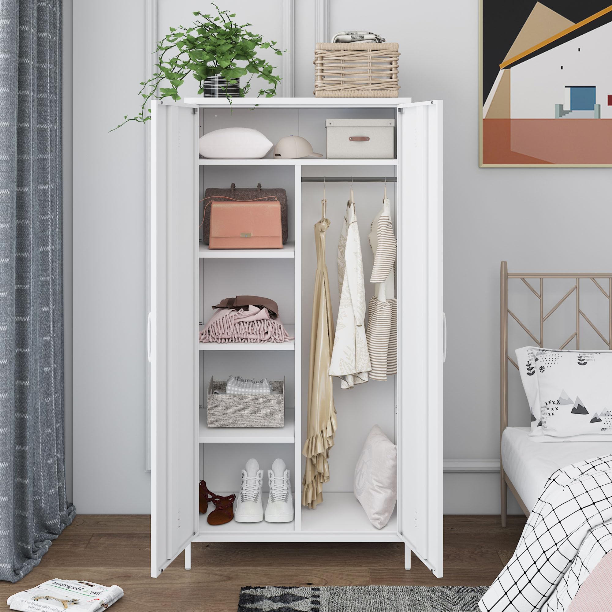 MIOCASA White Metal Armoire Wardrobe Closet - 2 Door Steel Storage Cabinet with 4 Shelves for Bedroom, Living Room & Office Organization - Perfect for Clothes, Shoes & Home Storage Solutions